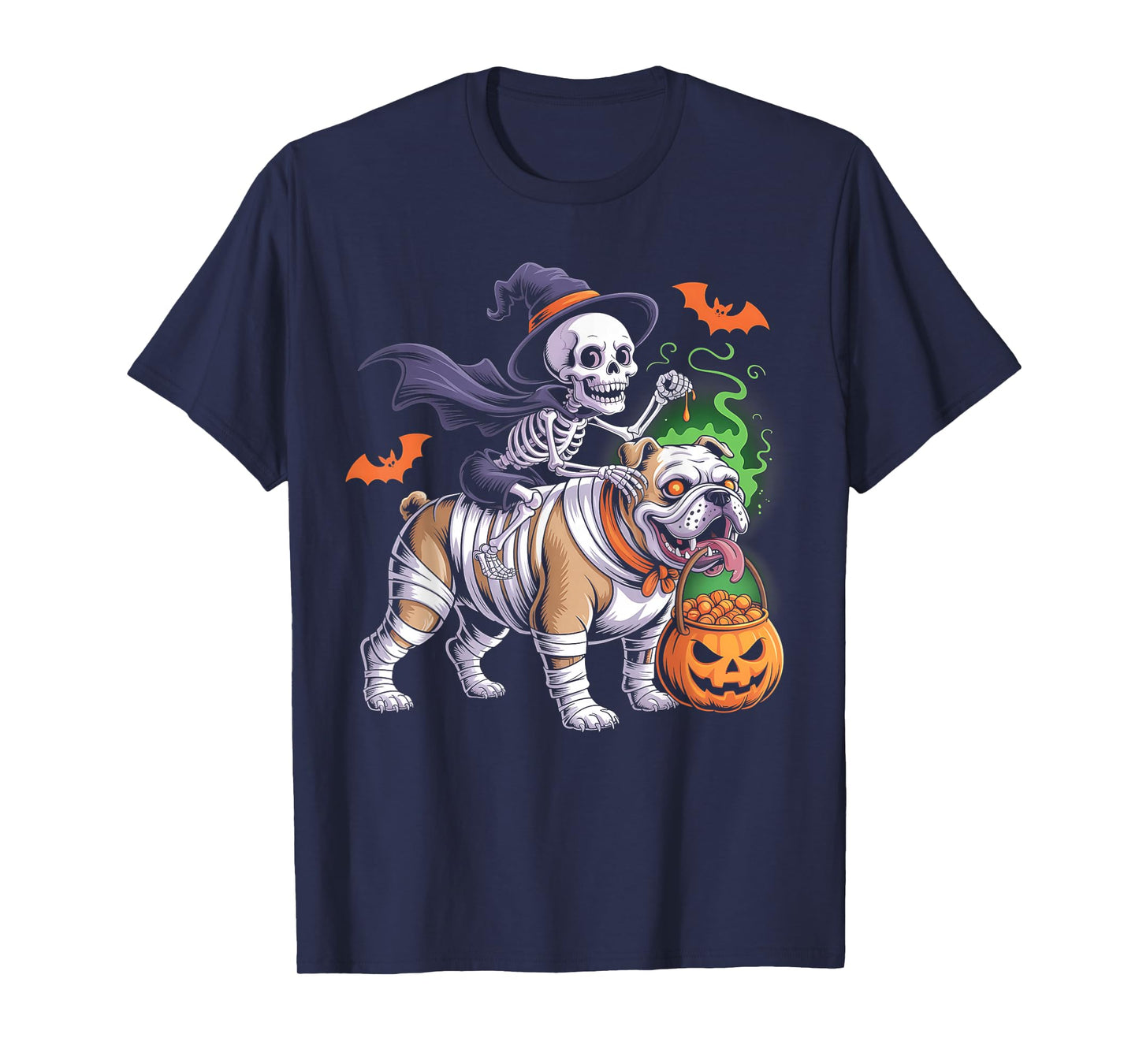 Skeleton Riding Mummy English Bulldog Pumpkin Halloween T-Shirt