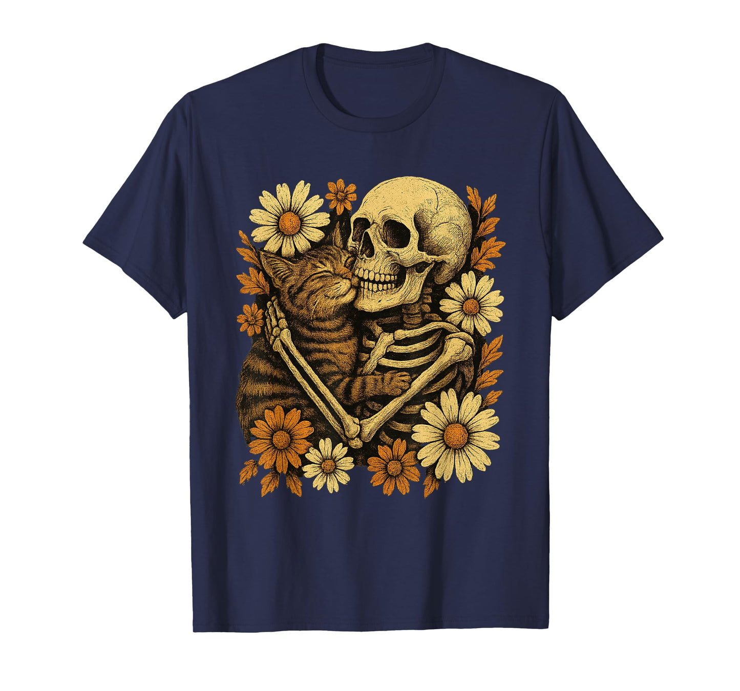 Floral Skeleton Hugging Cat Halloween Cat Lover Cat Mom Dad T-Shirt