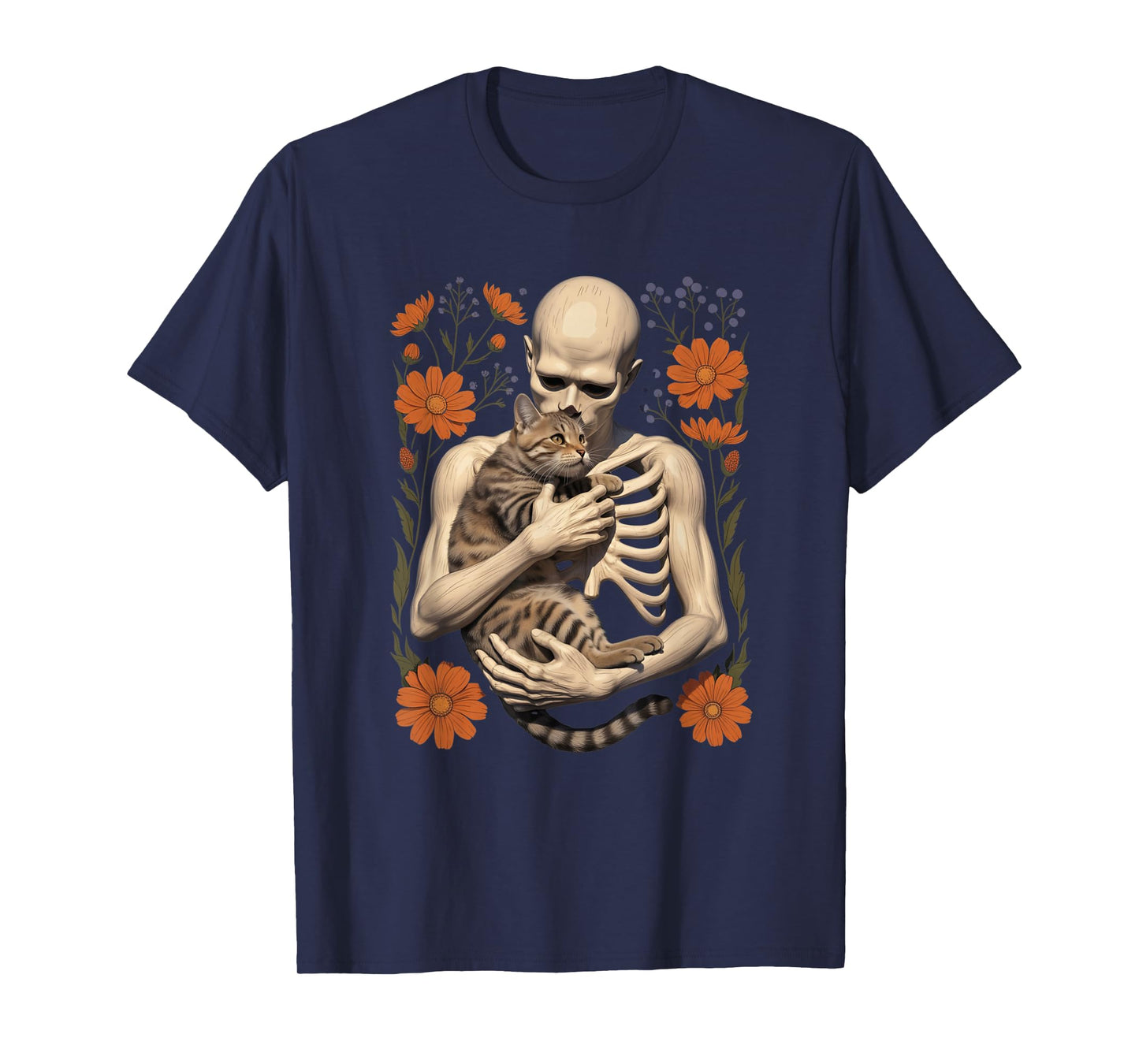Funny Skeleton Hugging Cat Floral Halloween Cats Lover T-Shirt