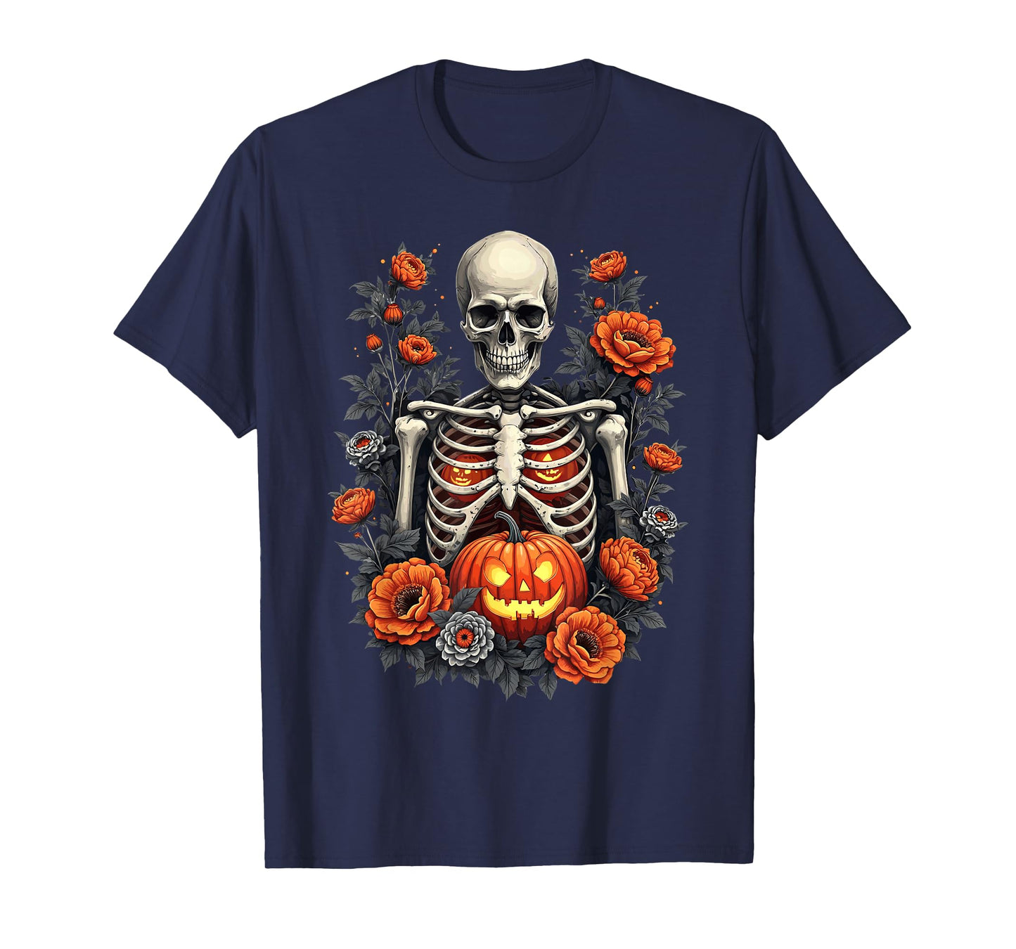 Retro Skeleton Floral Ribcage Pumpkin Fall Halloween Costume T-Shirt