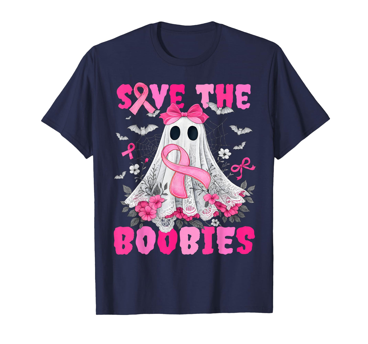 Save The Boobies Lace Bow Breast Cancer Awareness Halloween T-Shirt