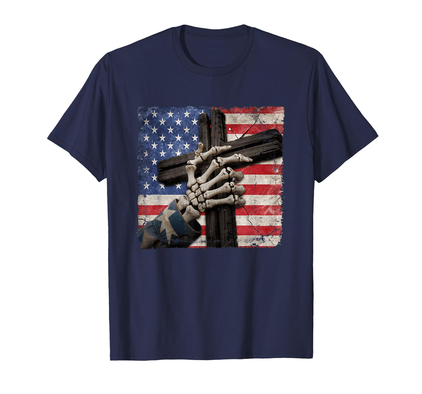 Skeleton Hand Holding Cross American Flag Patriotic Gothic T-Shirt