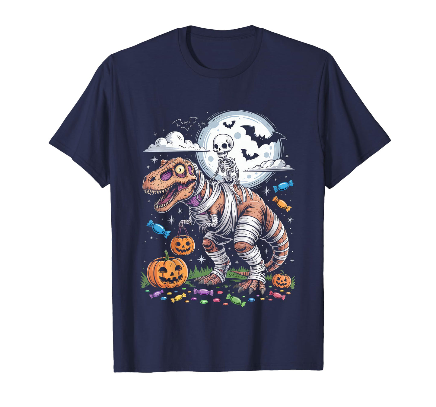 Skeleton Riding Tyrannosaurus Skeleton Halloween Spooky T-Shirt