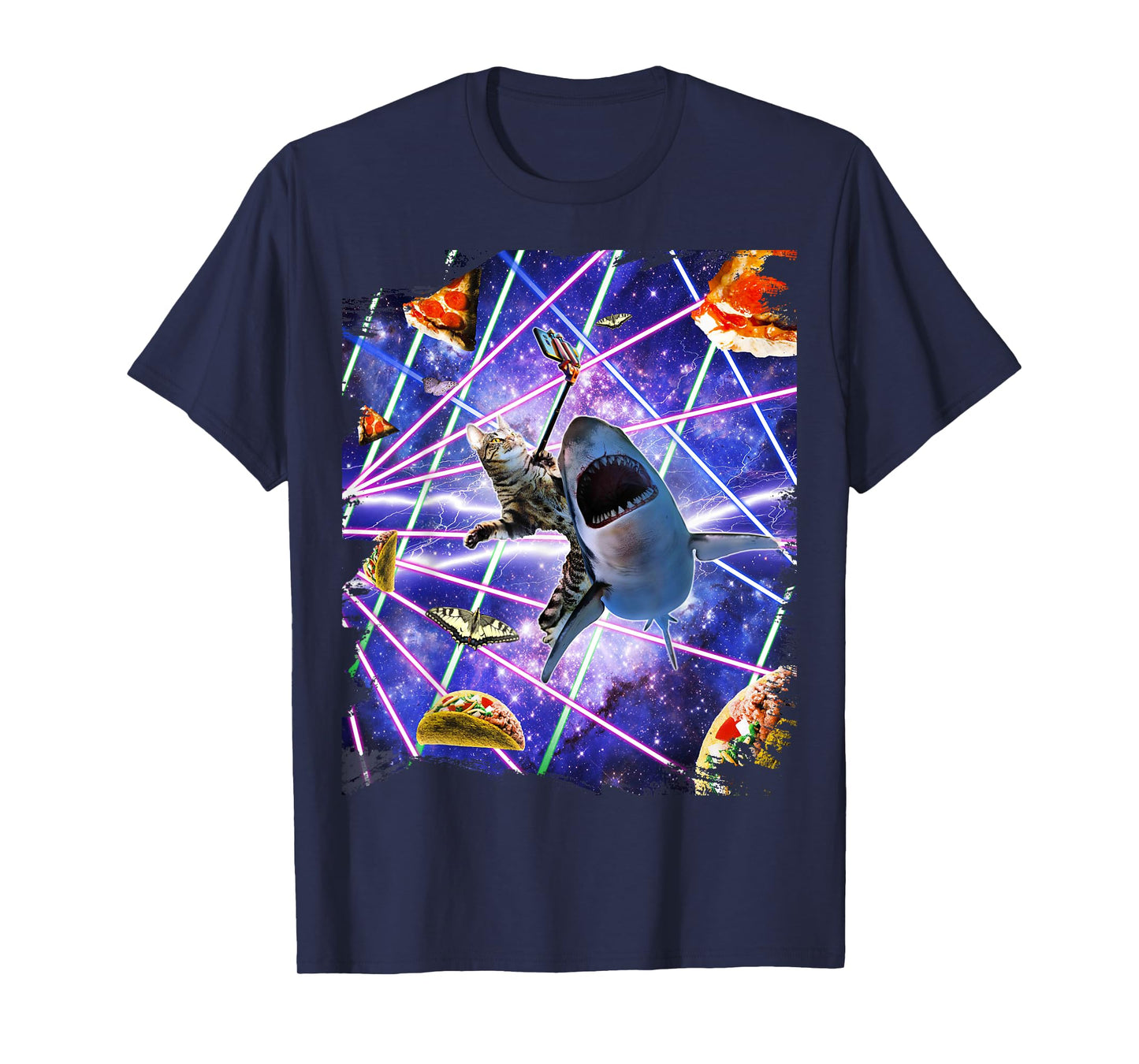 Selfie Cat Riding Shark, Space Rave, Pizza Taco Butterfly T-Shirt
