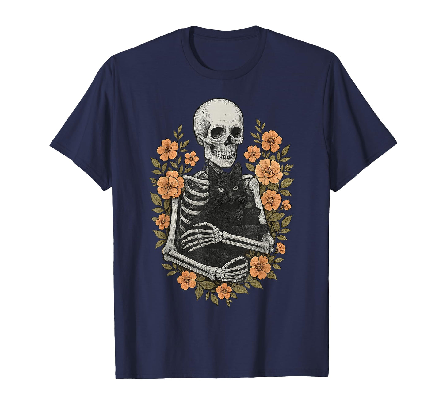 Funny Skeleton Hugging Cat with Floral Halloween T-Shirt