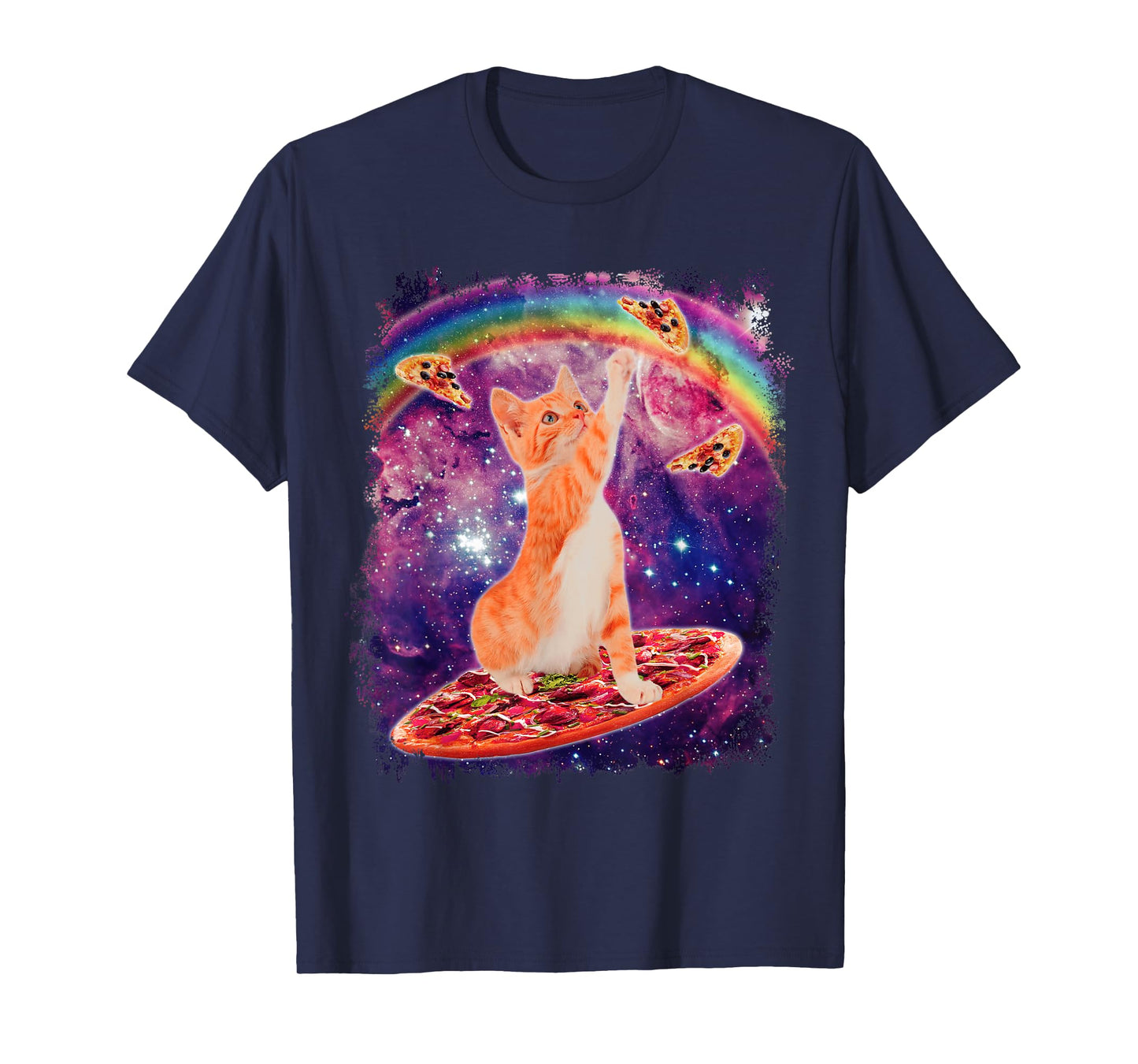 Space Cat Riding Pizza Rainbow Cat Galaxy Cute Kitty Lovers T-Shirt