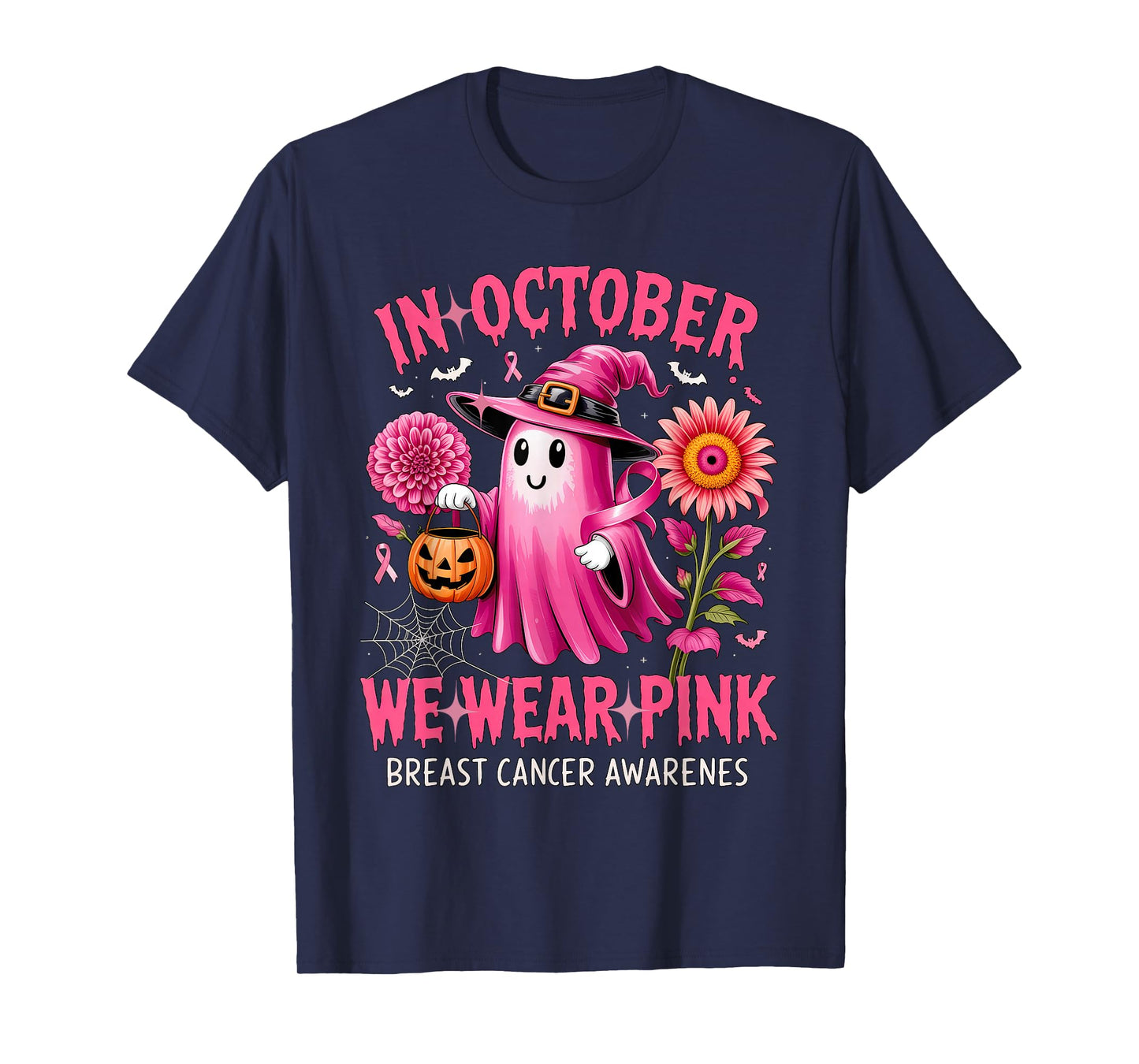 In October We Wear Pink Halloween Shirt Ghost Breast Cancer T-Shirt