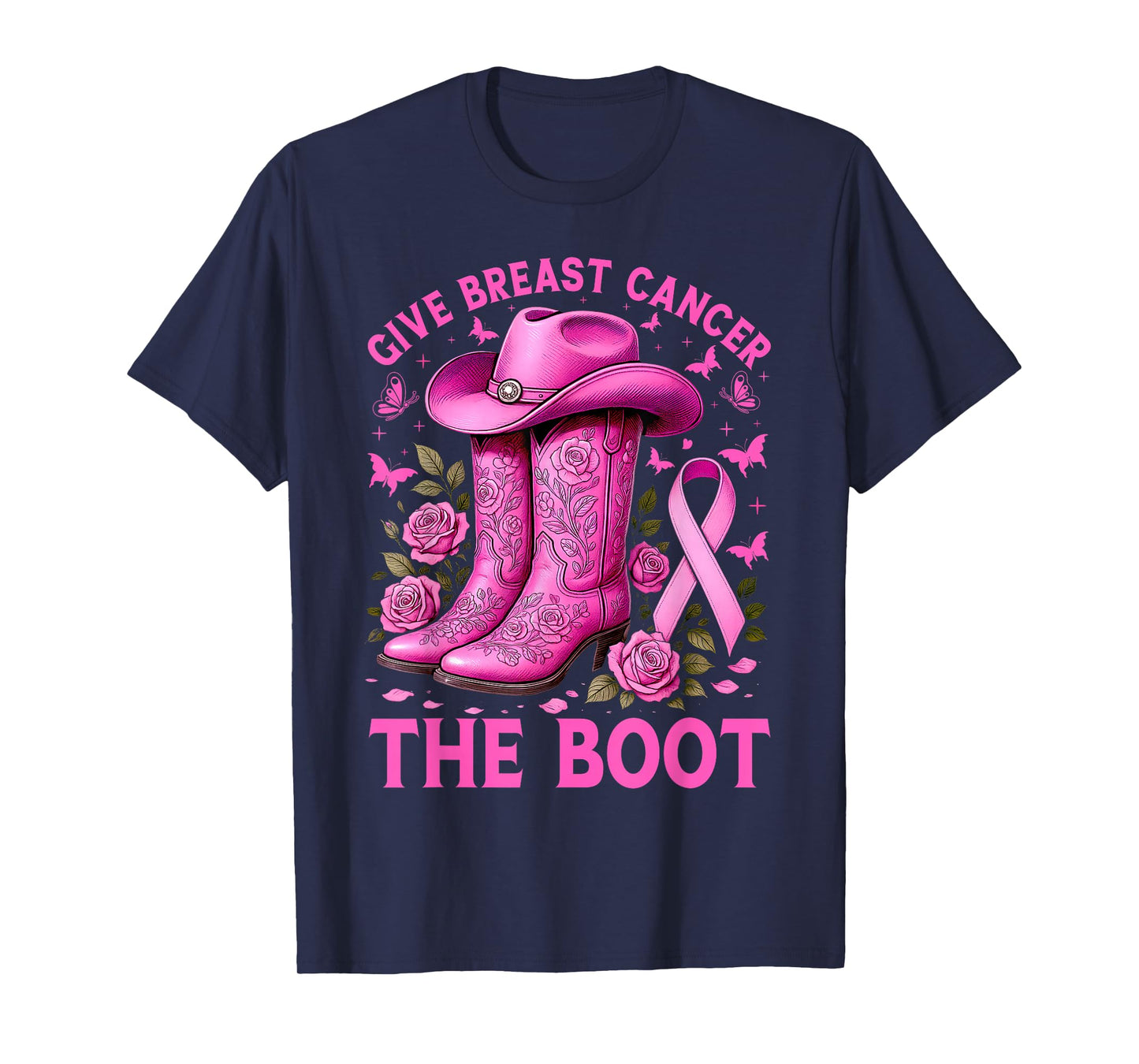 Give Breast Cancer The Boot Cowgirl Cancer Awareness Ribbon T-Shirt