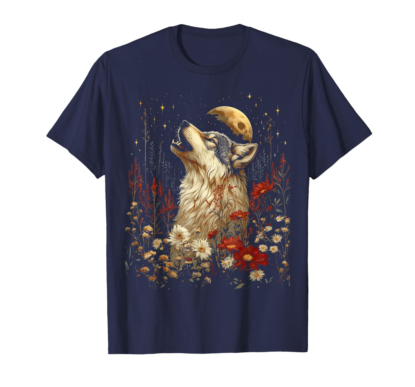 Boho Wolf Howling at the Moon Floral Mystical Graphic Women T-Shirt