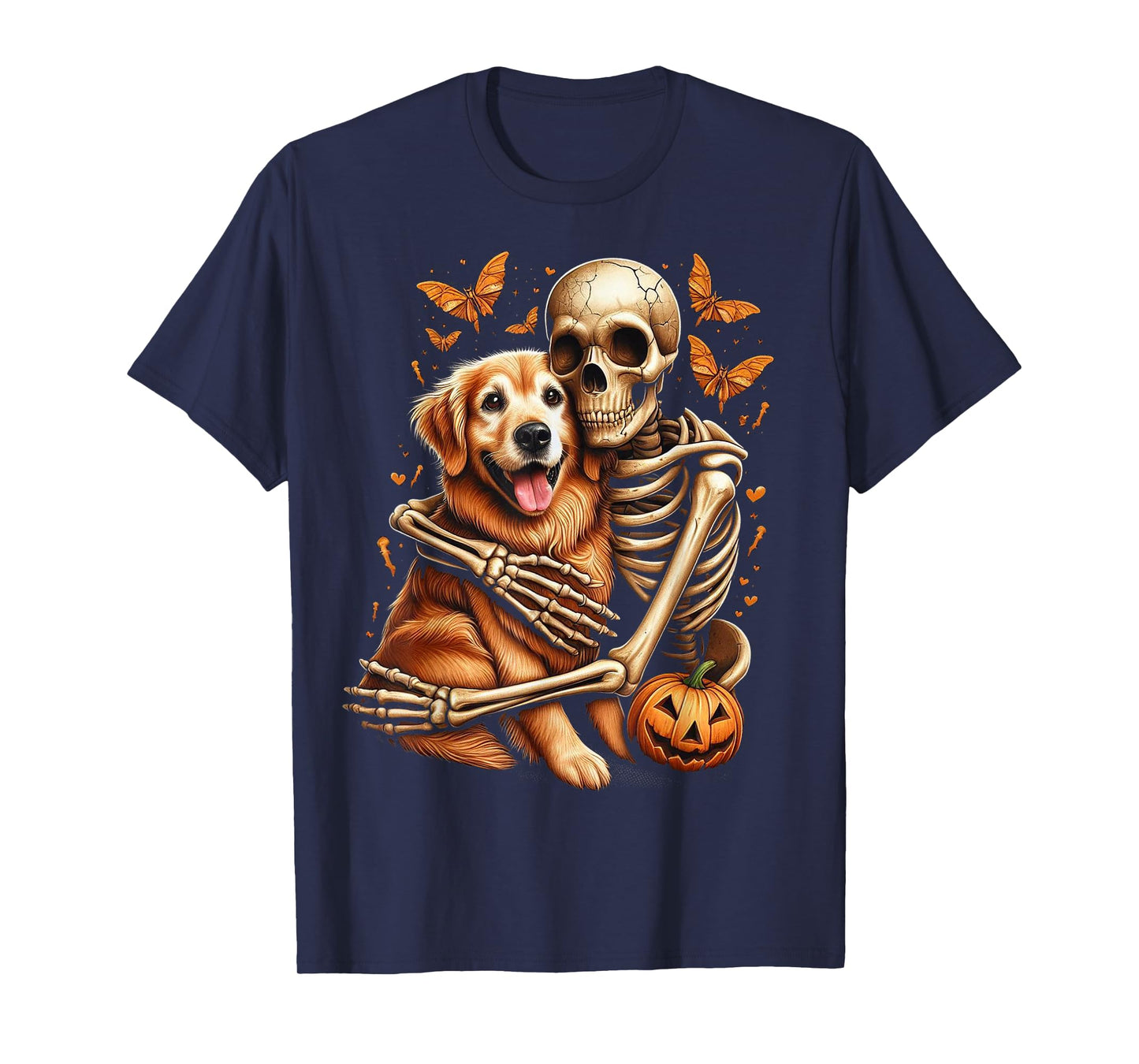 Skeleton Hugging Golden Retriever Halloween Lover Mom Dad T-Shirt