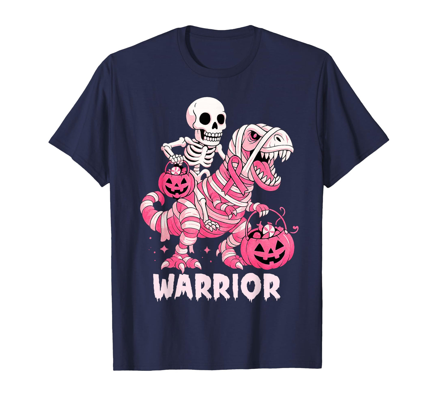 Skeleton Riding Mummy Dinosaur T Rex Breast Cancer Warrior T-Shirt