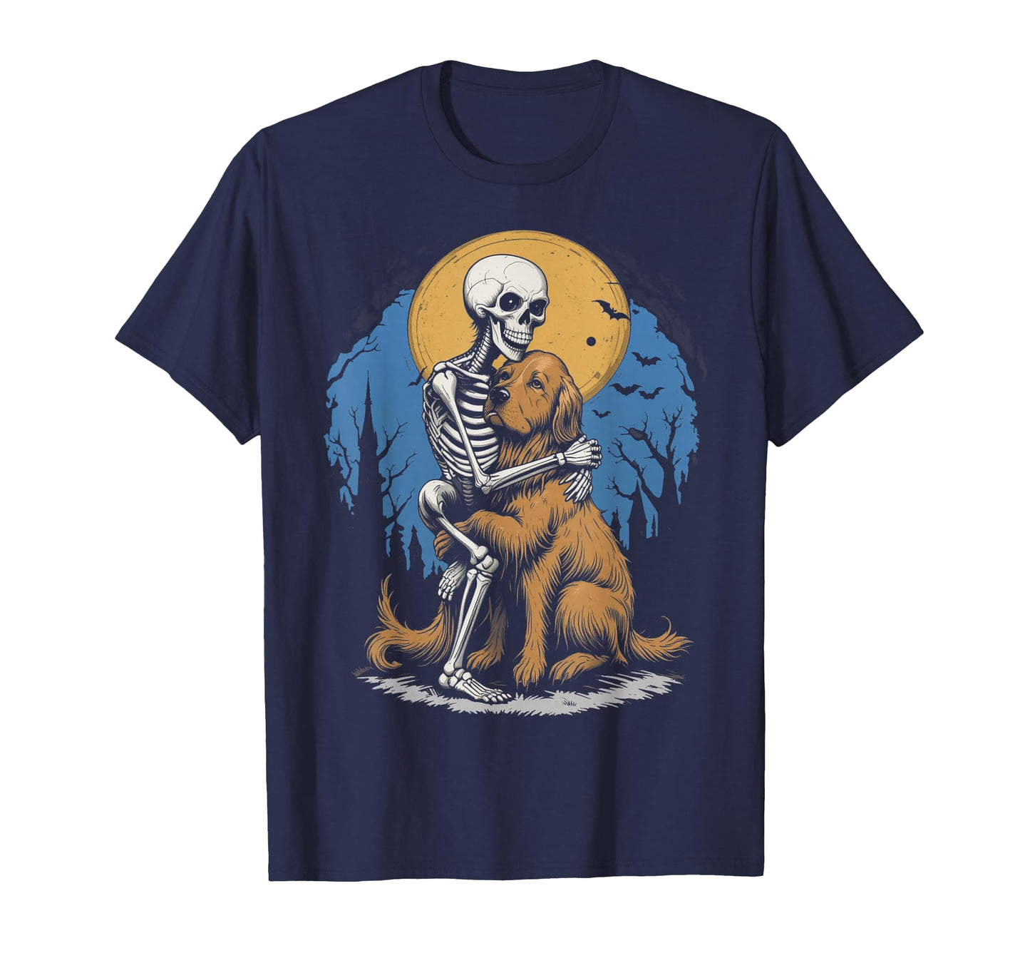 Skeleton Hugging Golden Retriever Halloween Lover Mom Dad T-Shirt