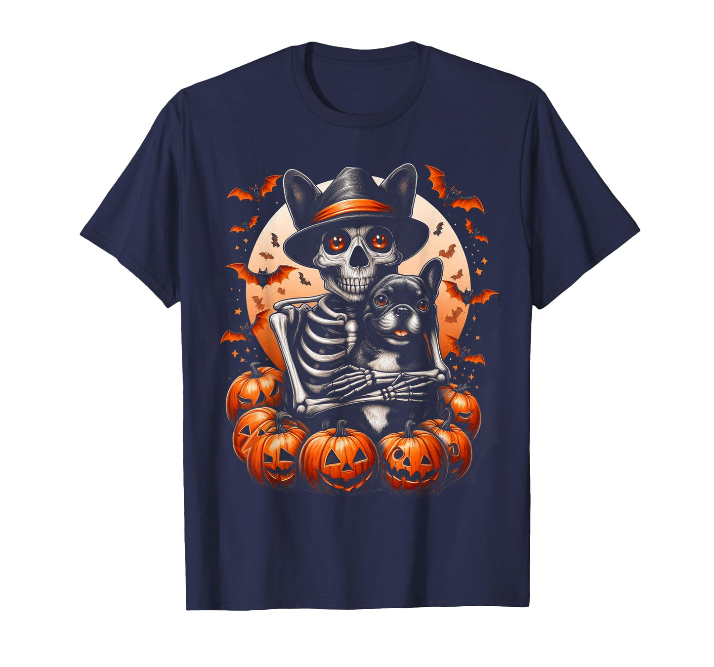 Skeleton Hugging French Bulldog Halloween Lover Mom Dad T-Shirt