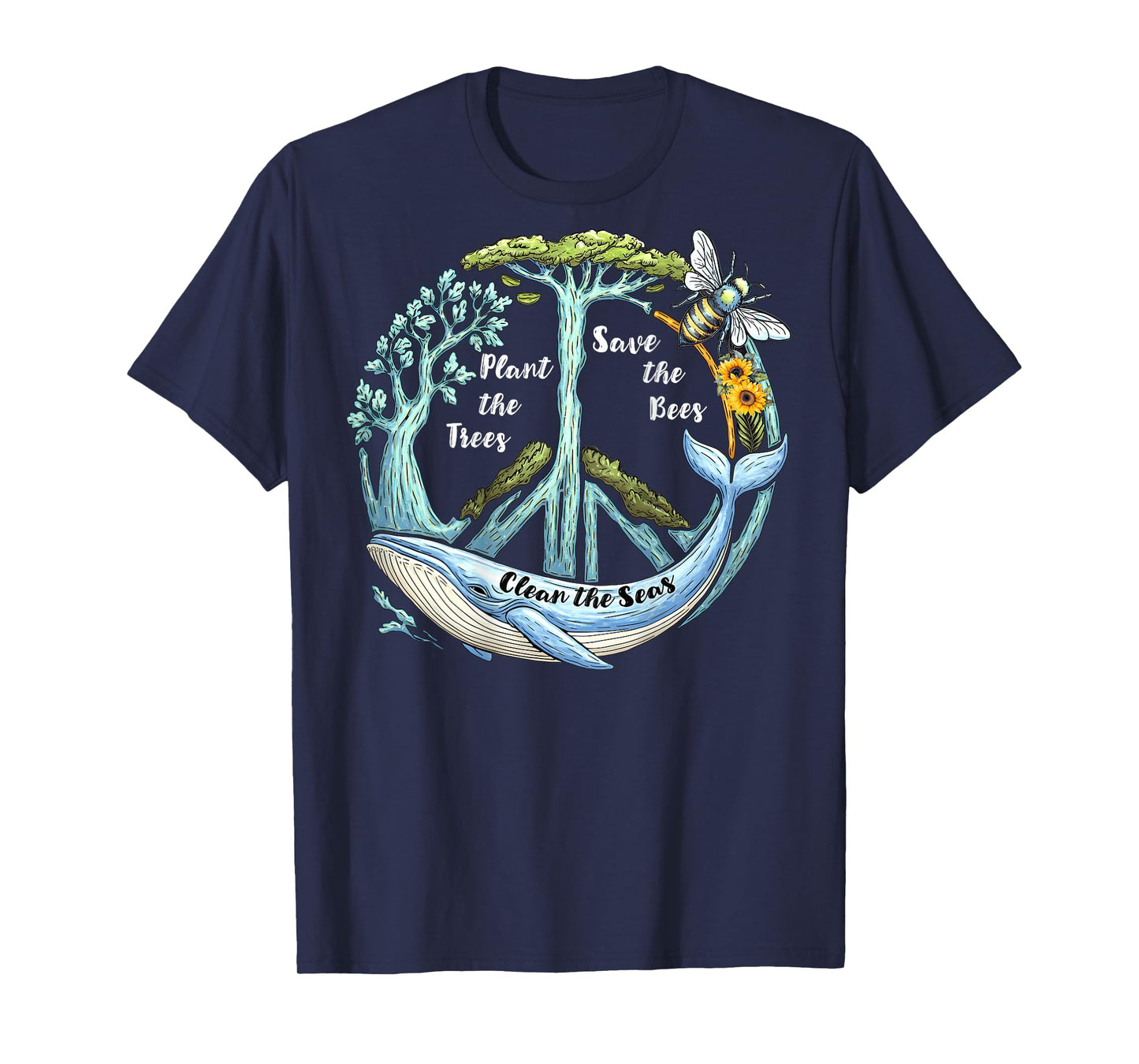 On Back Plant the Trees Save the Bees Peace Sign Earth Day T-Shirt