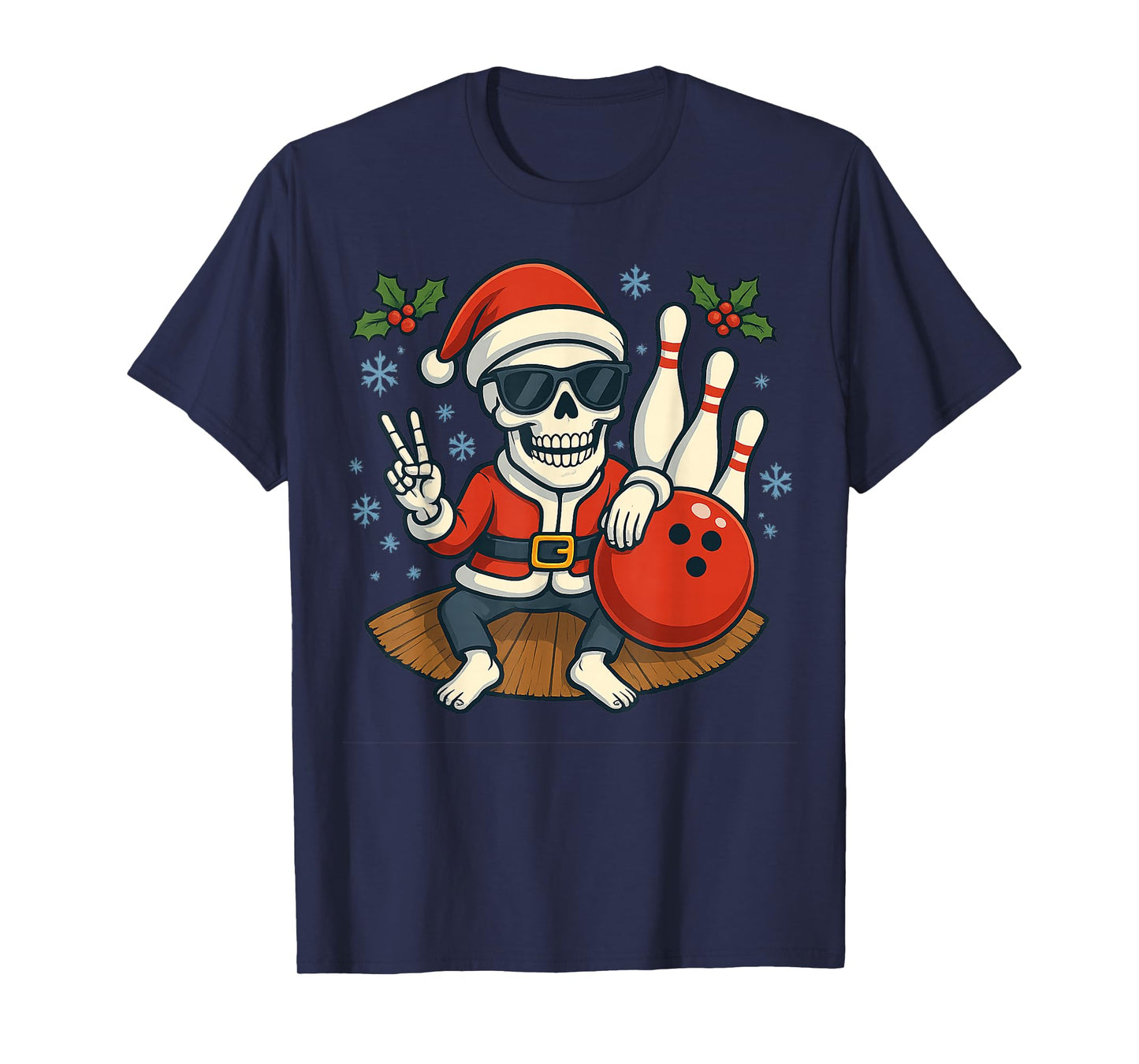 Cute Santa Skeleton Bowling Christmas Funny Holiday Vibes T-Shirt