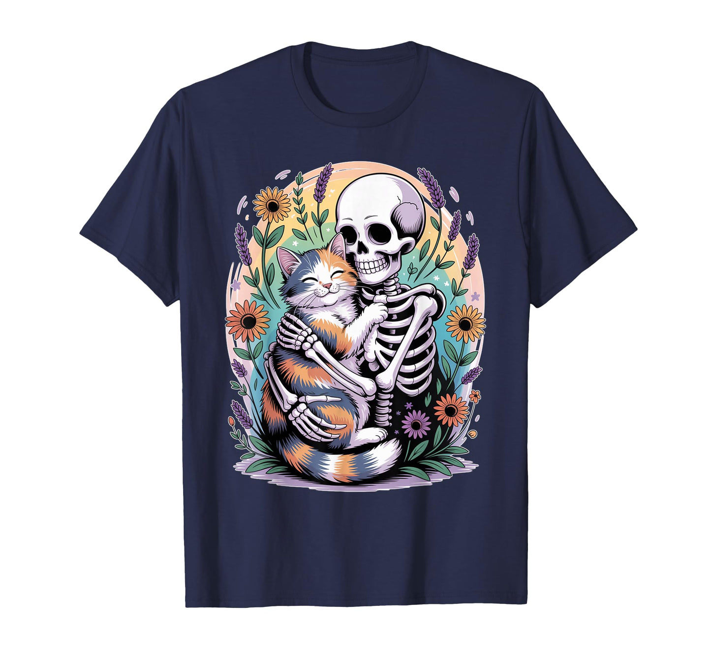 Funny Skeleton Hugging Cat Mom Dad Halloween Cats Lovers T-Shirt