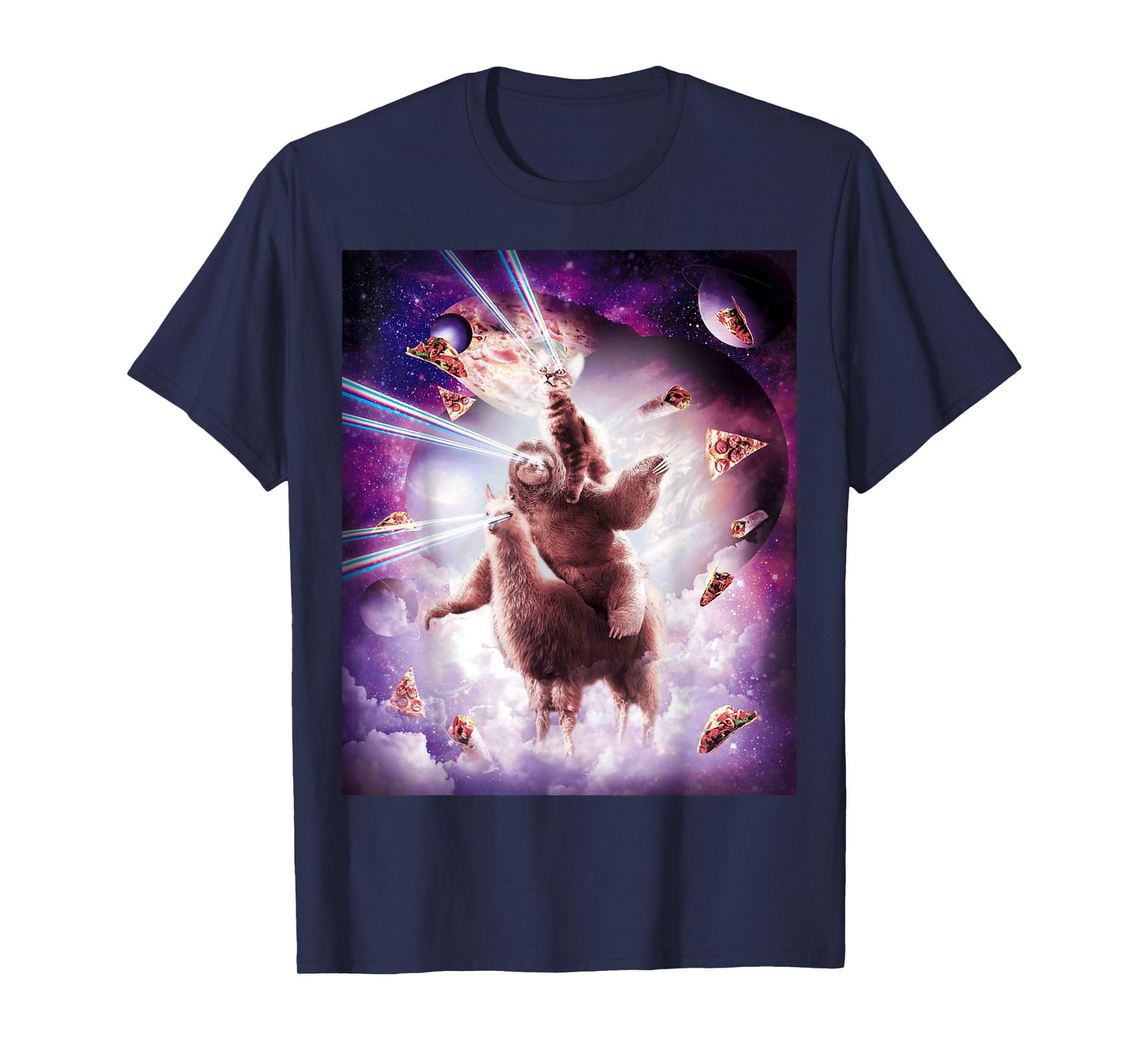 Laser Eyes Space Cat Riding Sloth, Llama - Rainbow T-Shirt