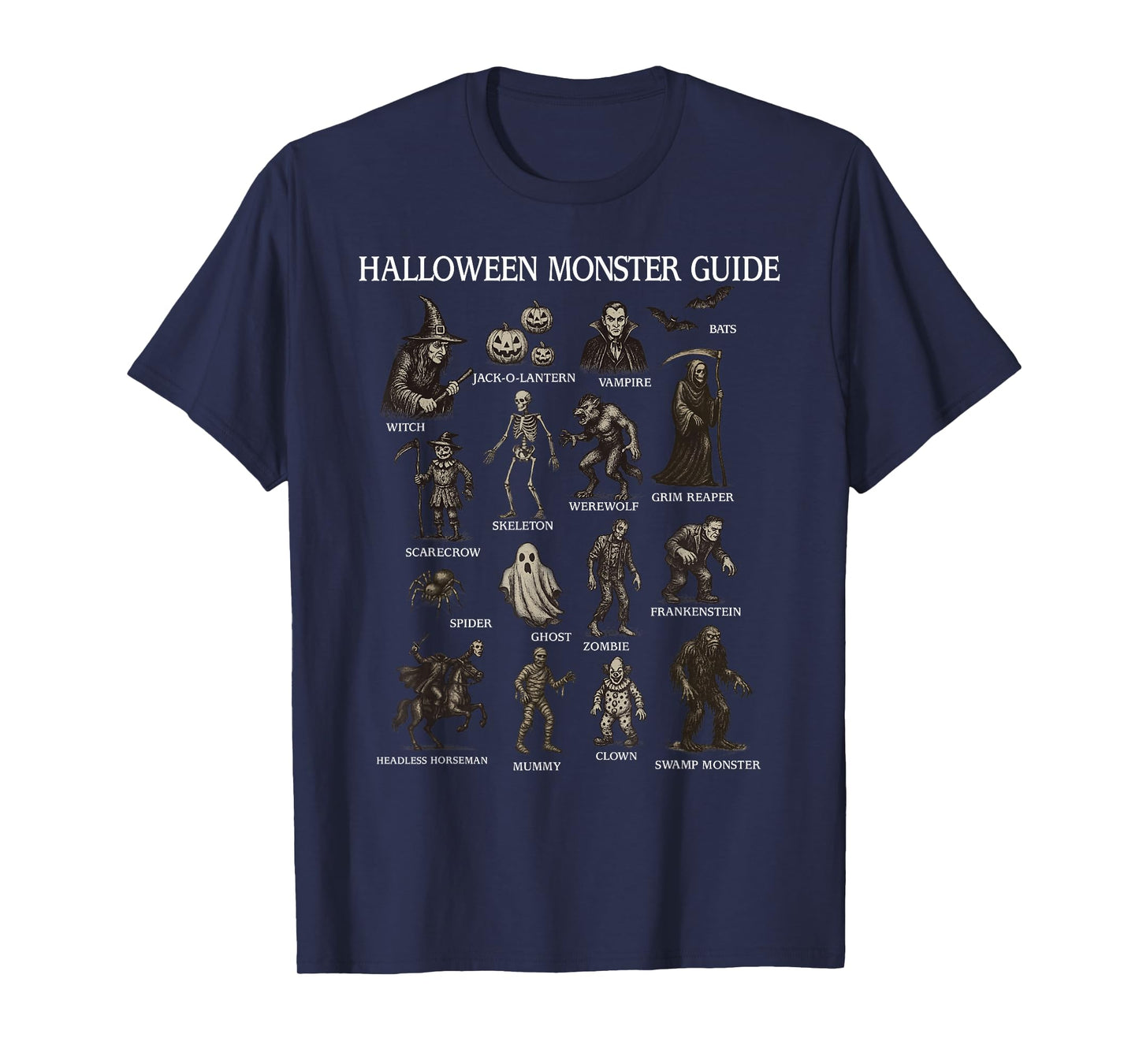 Horror Retro Spooky Halloween Monster Guide Skeleton Vampire T-Shirt