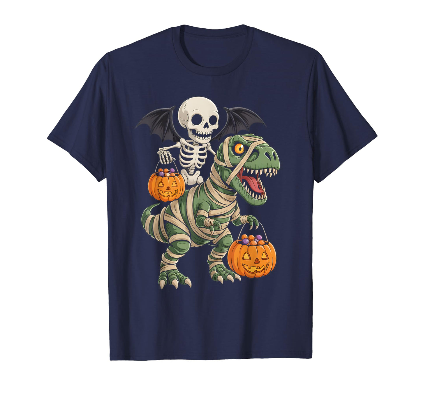 Skeleton Riding Mummy Dinosaur T rex Halloween Pumpkin Gifts T-Shirt