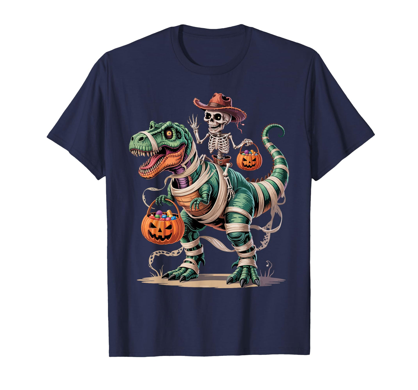 Funny Cowboy Skeleton Riding Mummy Dinosaur T rex Halloween T-Shirt