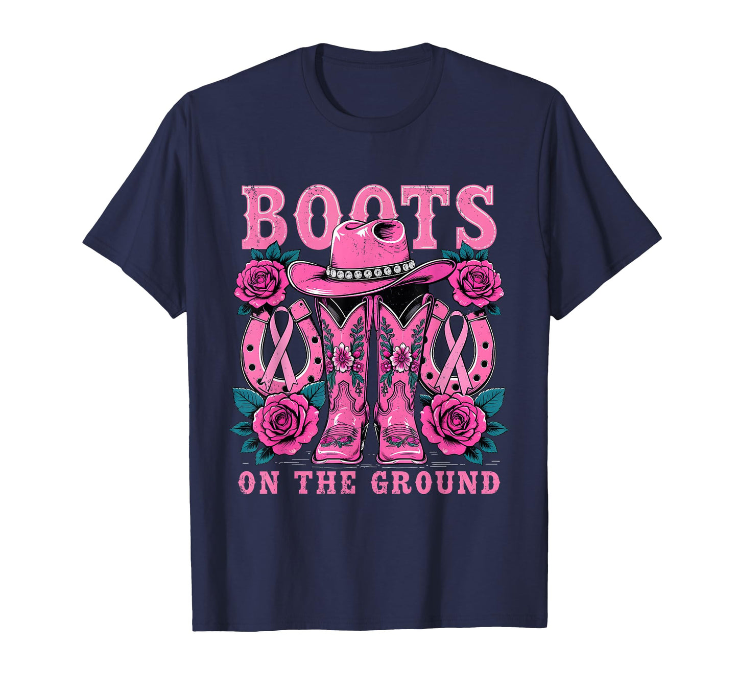 Boots On The Ground Pink Western Cowgirl Breast Cancer T-Shirt