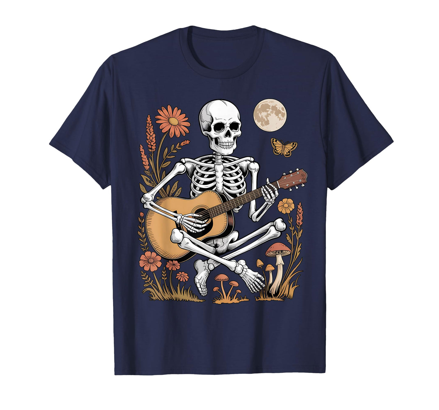 Skeleton Guitar Folk Music Halloween Autumn Night Scene T-Shirt