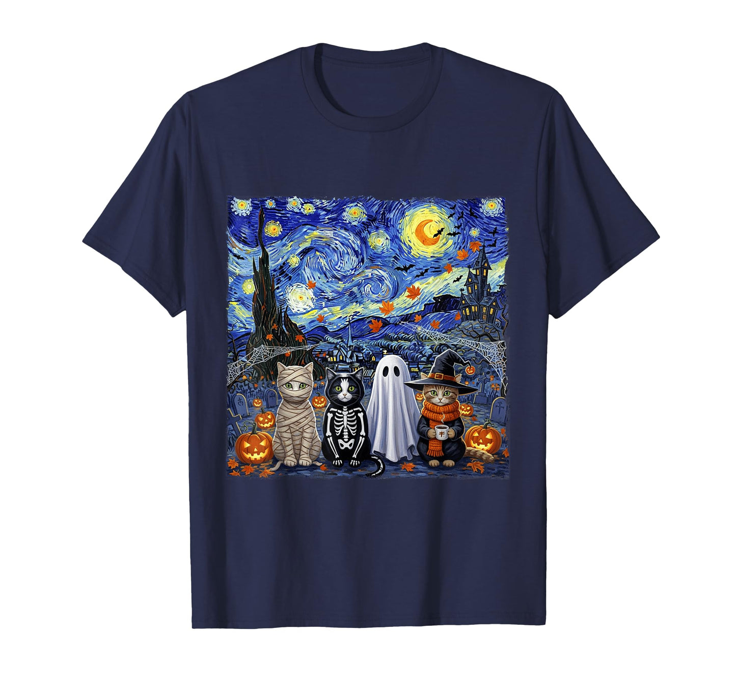 Funny Black Cat Ghost Witch Halloween Costume Starry Night T-Shirt