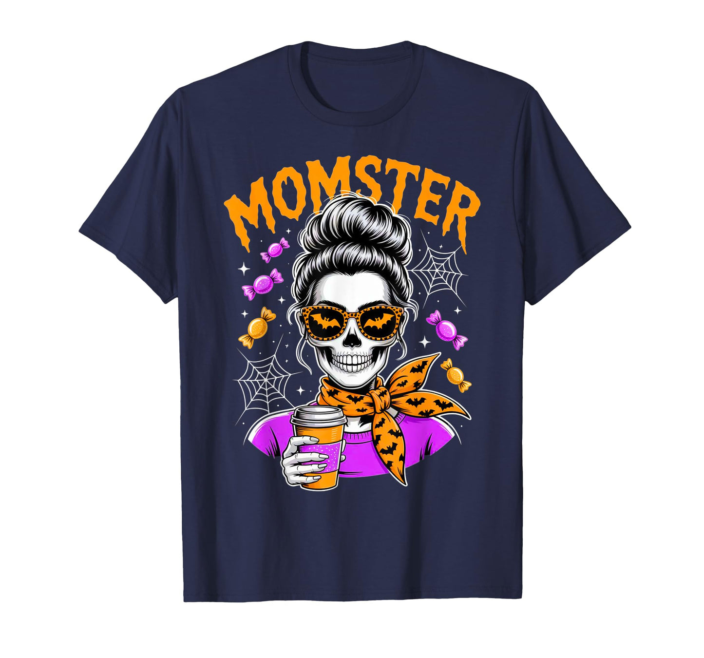 Momster Halloween Costume Skeleton Messy Bun Mother Coffee T-Shirt