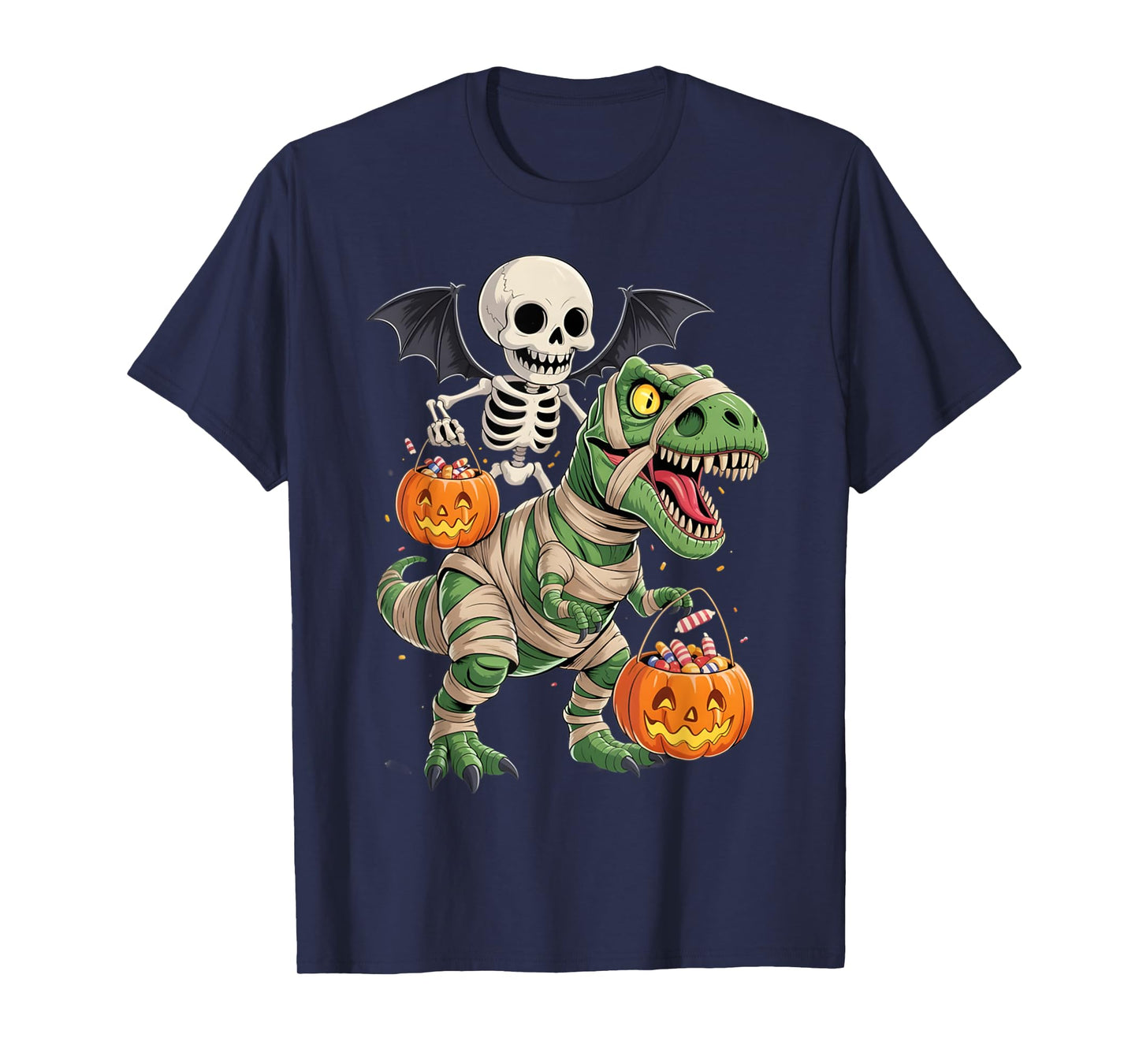 Skeleton Riding Mummy Dinosaur T rex Halloween Pumpkin Gifts T-Shirt