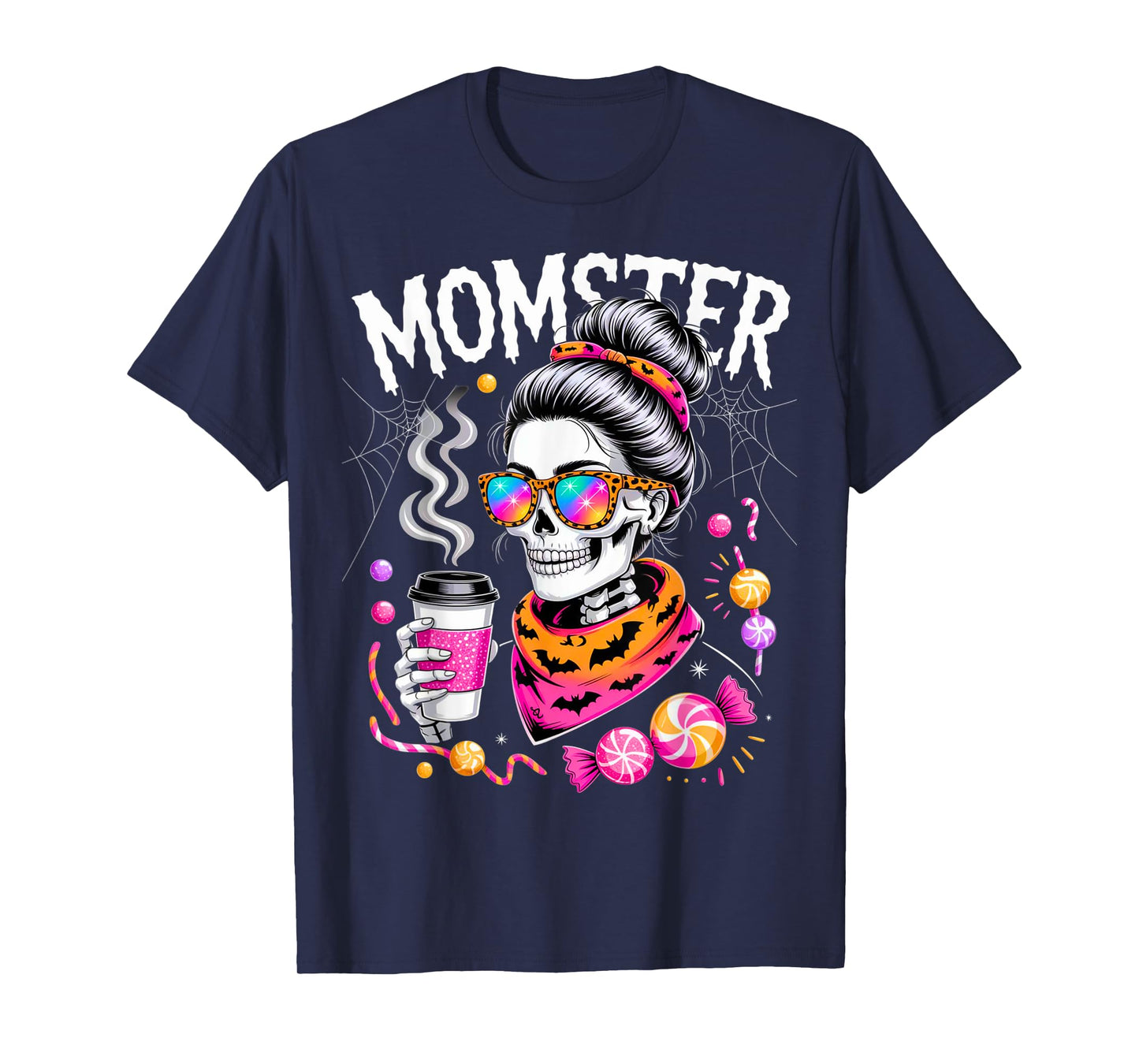 Momster Halloween Costume Skeleton Messy Bun Mother Coffee T-Shirt