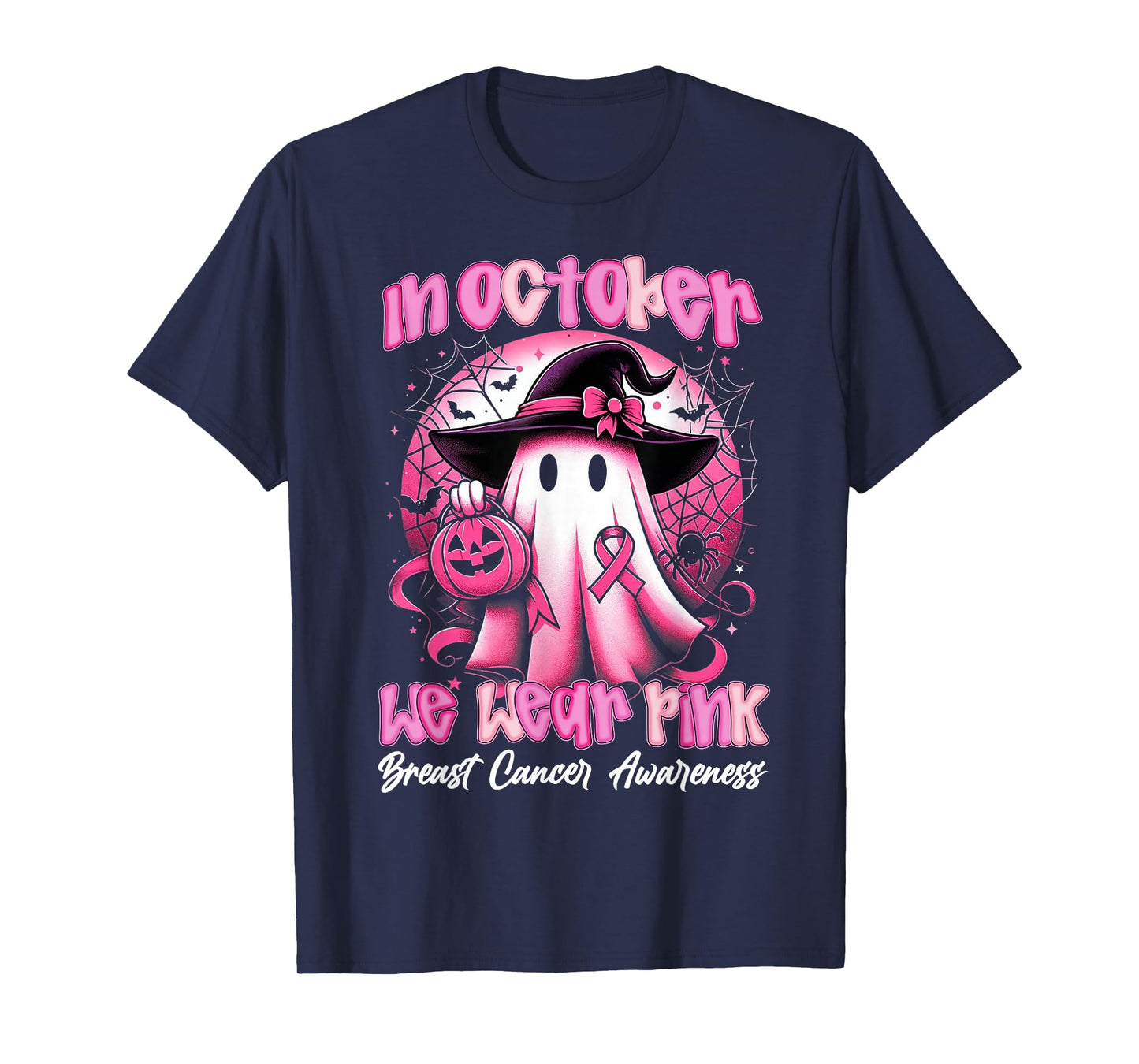 in October We Wear Pink Ghost Witch Awareness Tee T-Shirt