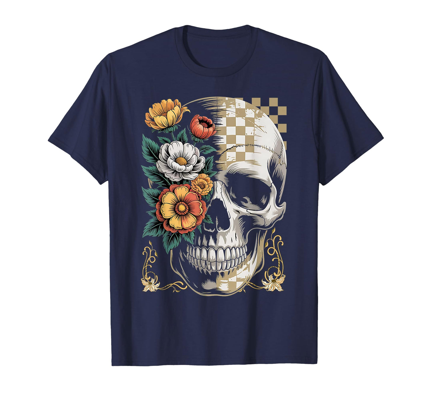 Retro Halloween Floral Autumn Skull Funny Spooky Skeleton T-Shirt
