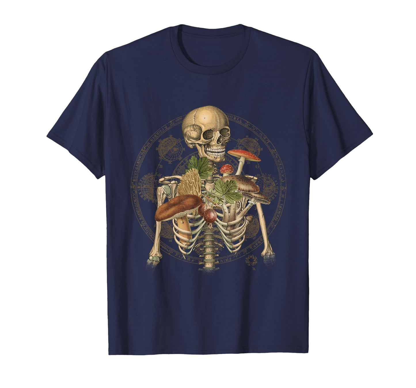 Goblincore Skeleton with Mushrooms Foraging Mycologist Fungi T-Shirt
