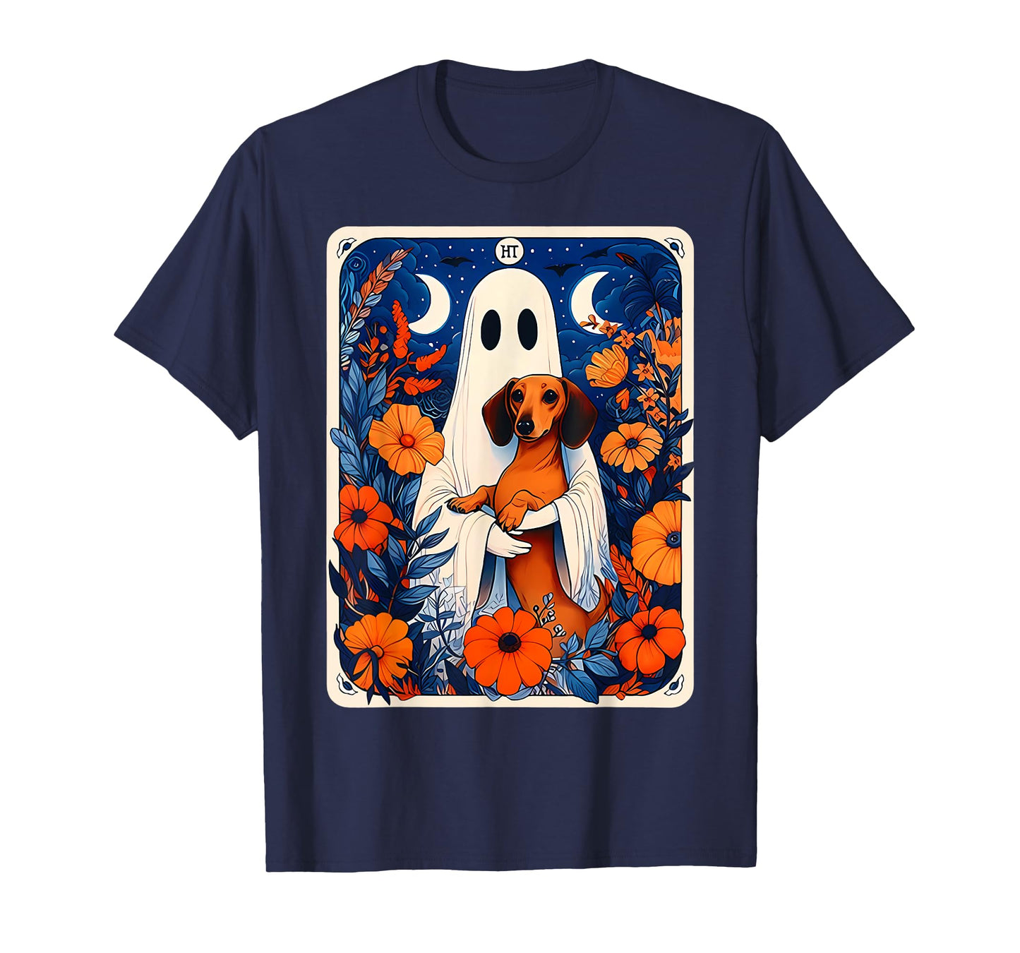 Ghost Holding Dachshund Spooky Tarot Card Fall Halloween T-Shirt