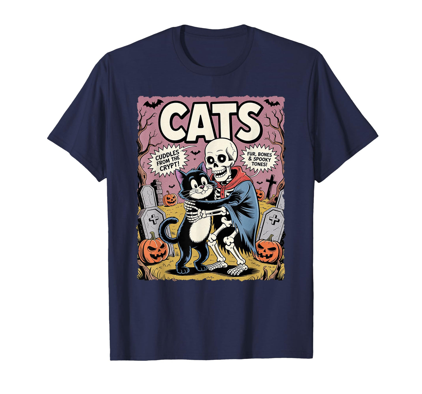 Cute Cat Hug Skeleton Funny Spooky Halloween Comic Pajama T-Shirt