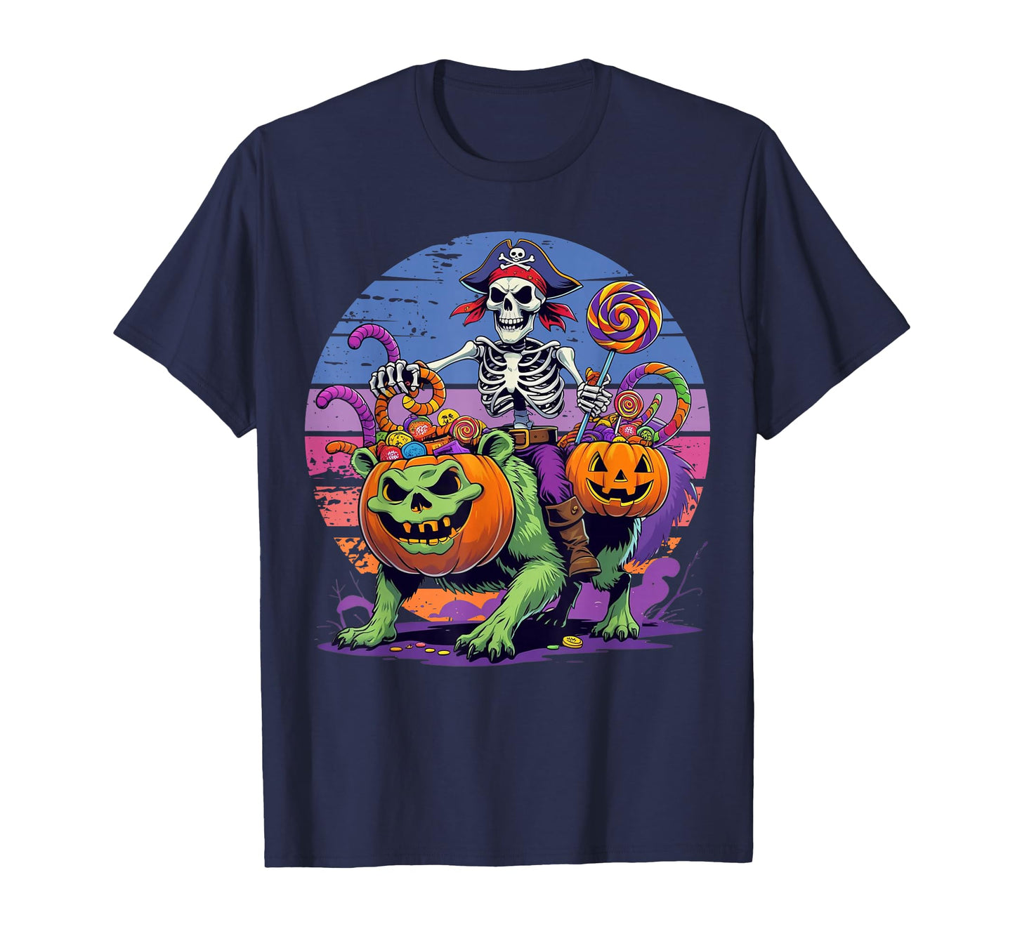 Radioactive Halloween Pirate Skeleton Riding Mutant Pumpkin T-Shirt