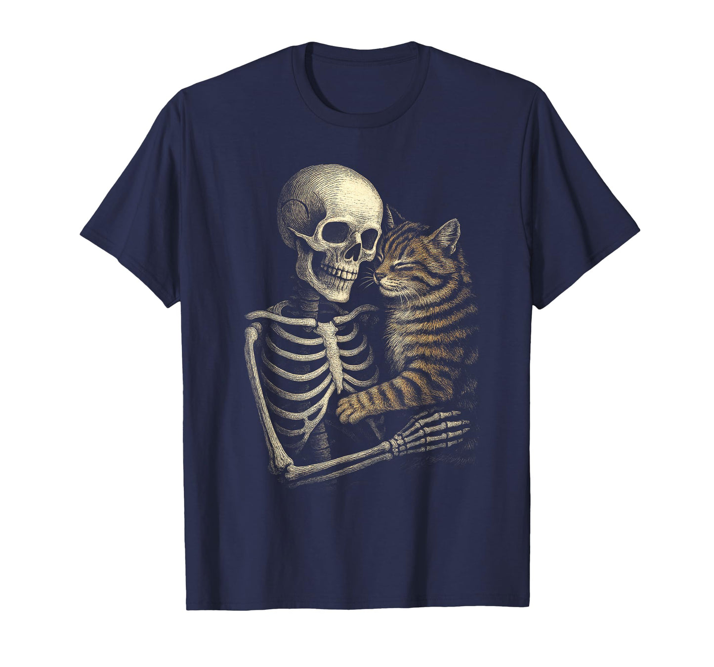 Skeleton Hugging Cat Halloween Pet Spooky Season Matching T-Shirt