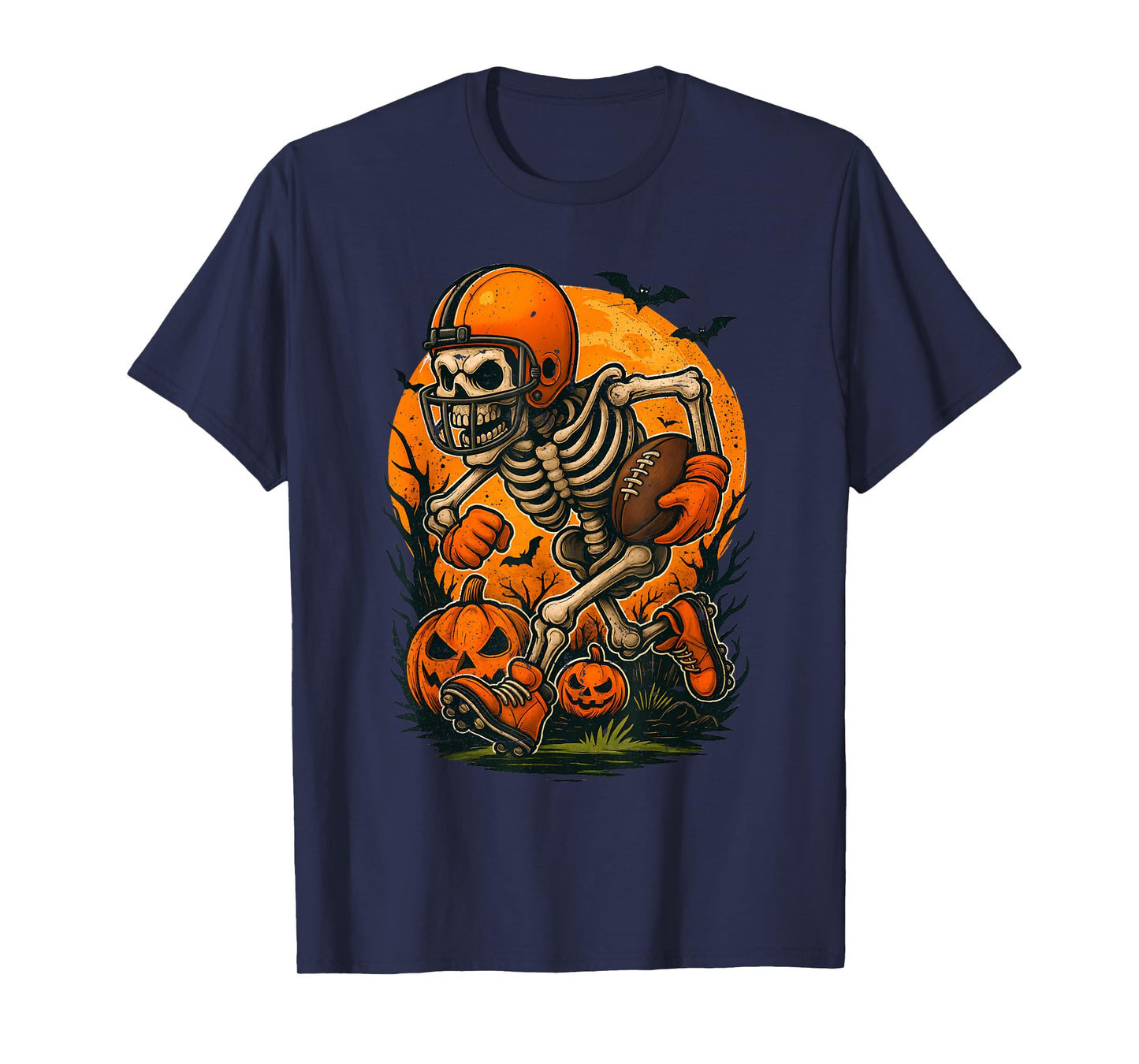 Halloween Skeleton Showing Football Skills Pumpkins Spooky T-Shirt