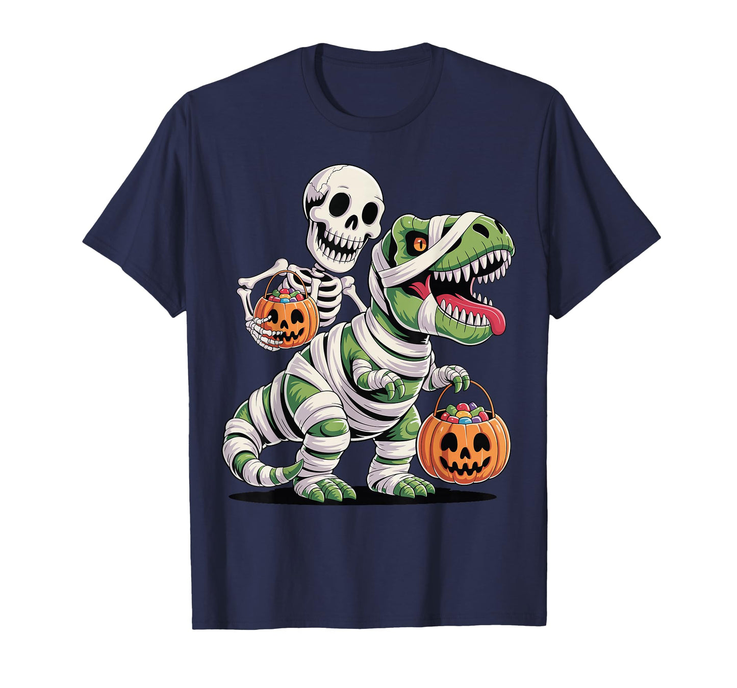Skeleton Riding Mummy Dinosaur T Rex Funny Halloween T-Shirt