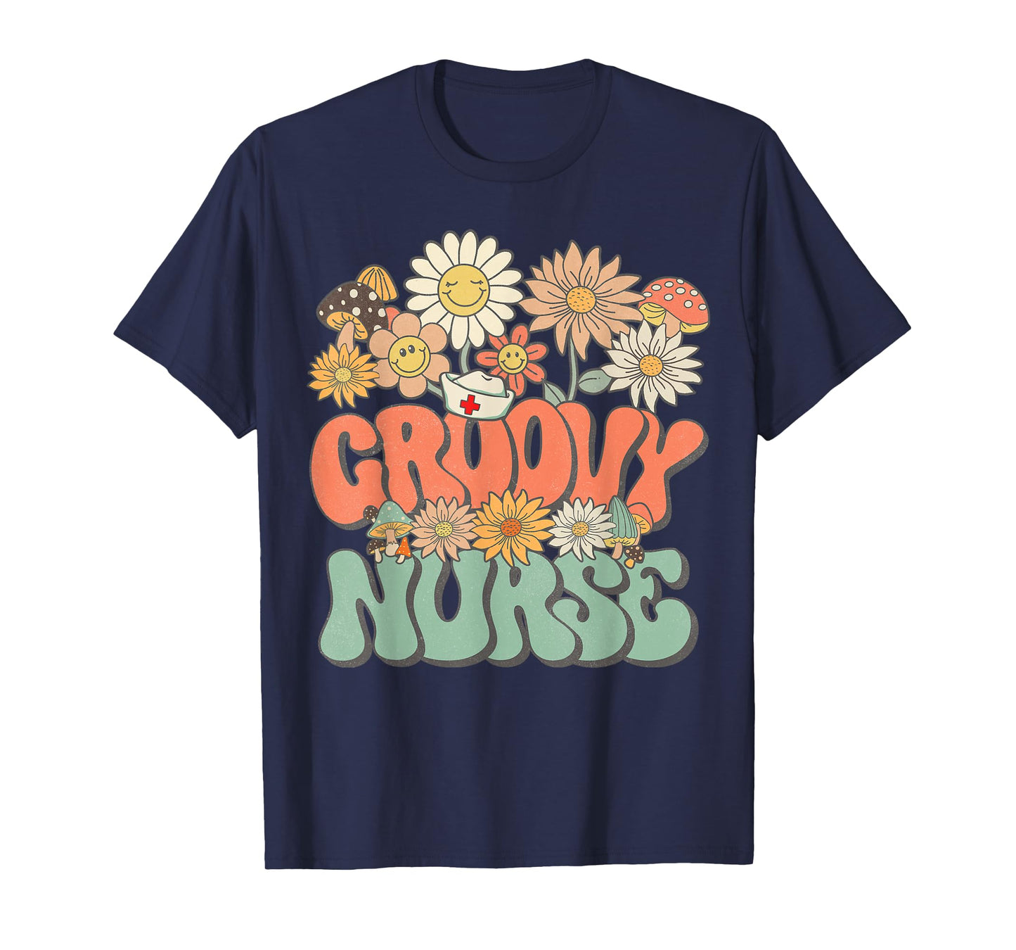 Retro Groovy Nurse Floral Hippie Daisy Flower Matching Nurse T-Shirt