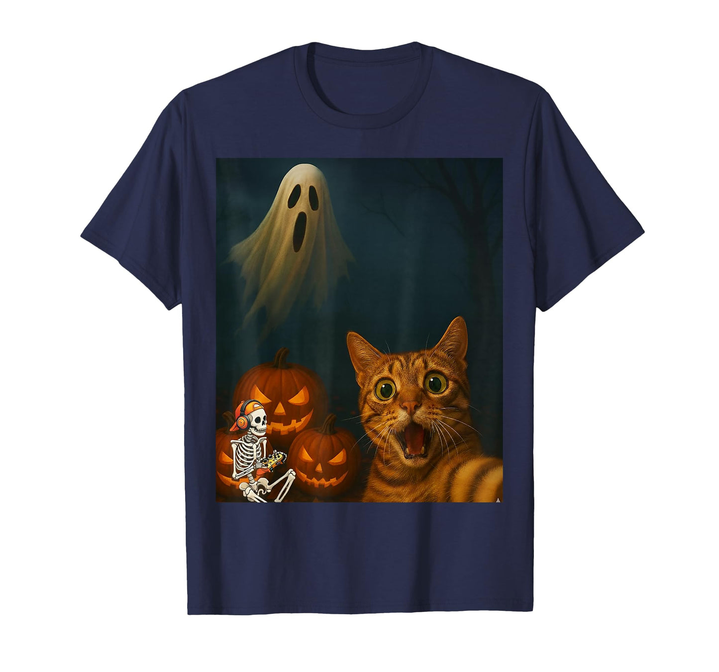 Funny Halloween Cat Selfie with Skeleton Ghost Video Game T-Shirt