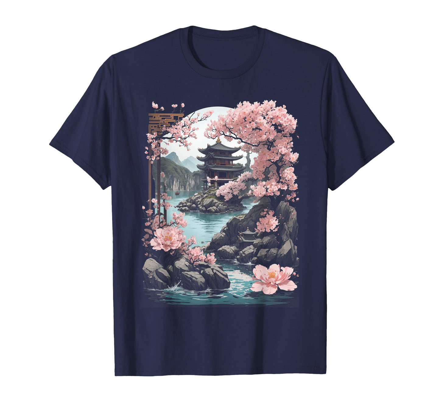 Japanese Chinese Temple Sakura Cherry Blossom Landscape T-Shirt