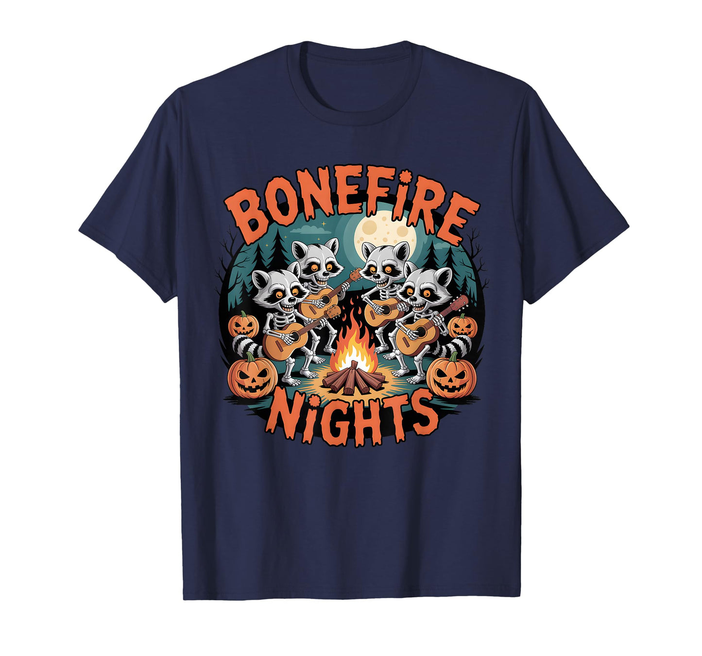Vintage Raccoon Skeleton Bonfire Nights Ghost Halloween T-Shirt
