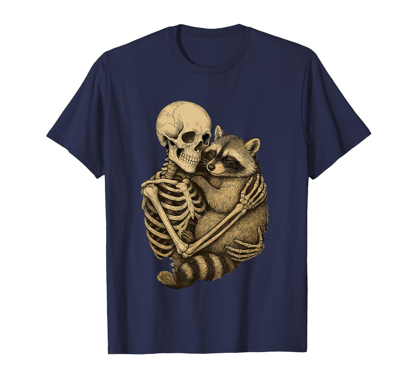Skeleton Holding Raccoon Dark Nature Illustration T-Shirt