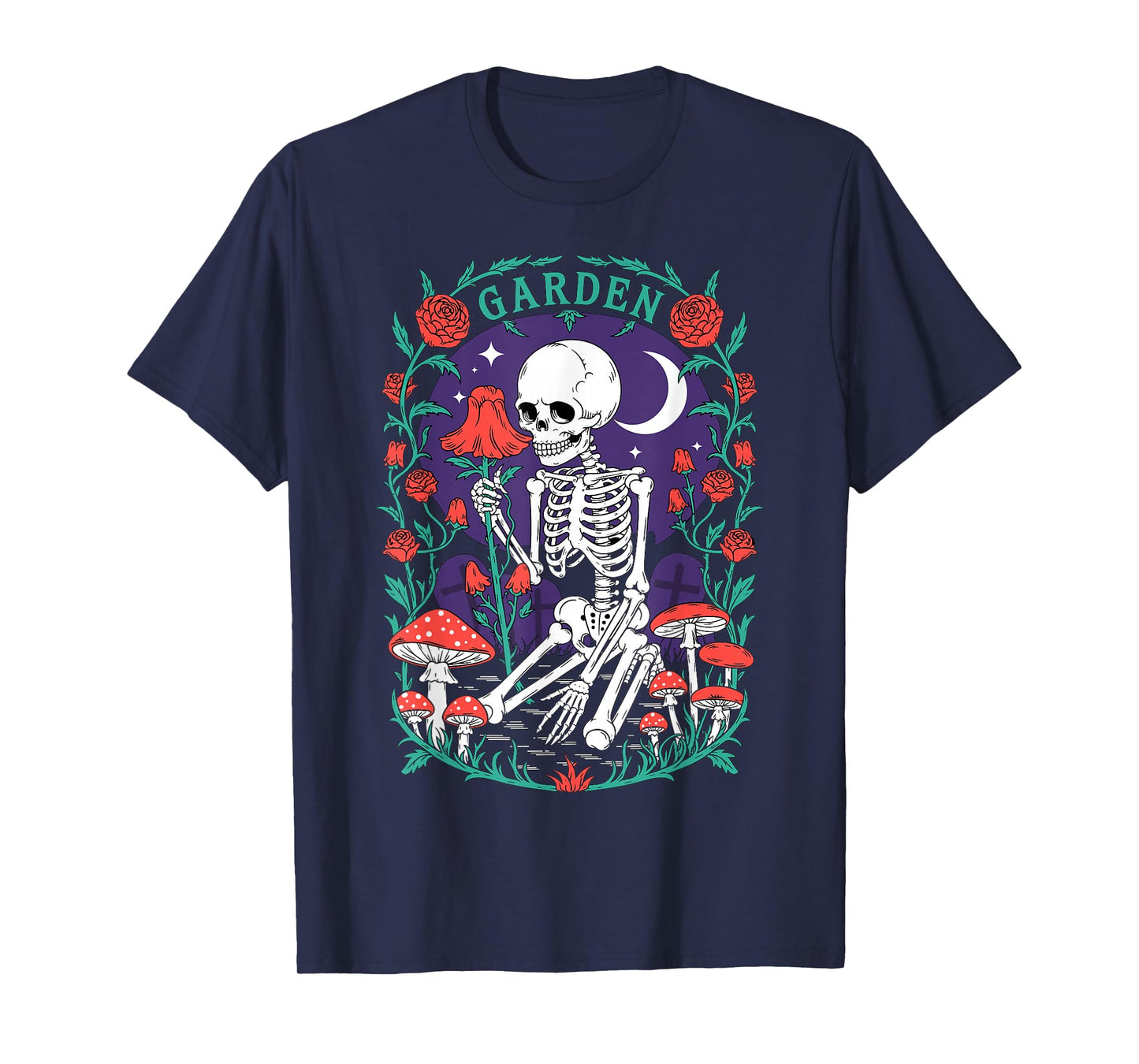 Moonlit Cemetery, Skeleton with Roses and Mushrooms T-Shirt