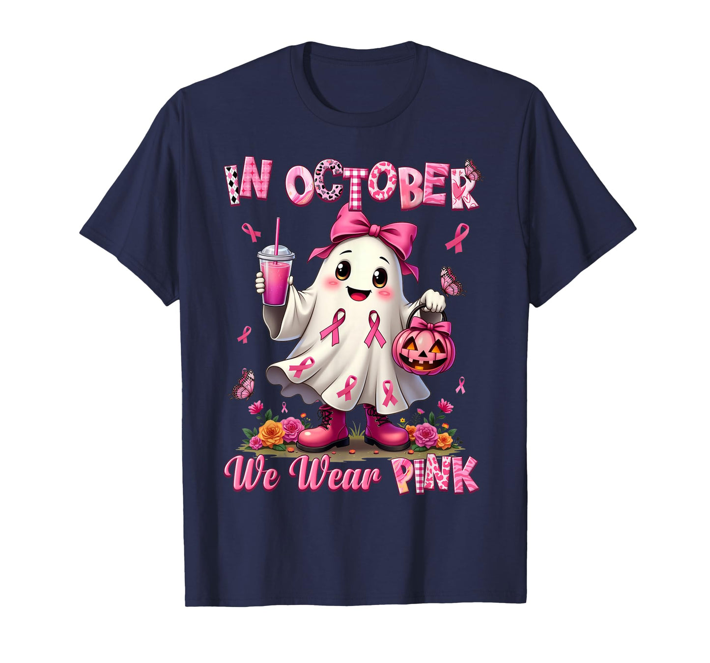 In October We Wear Pink Ghost Breast Cancer Awareness T-Shirt