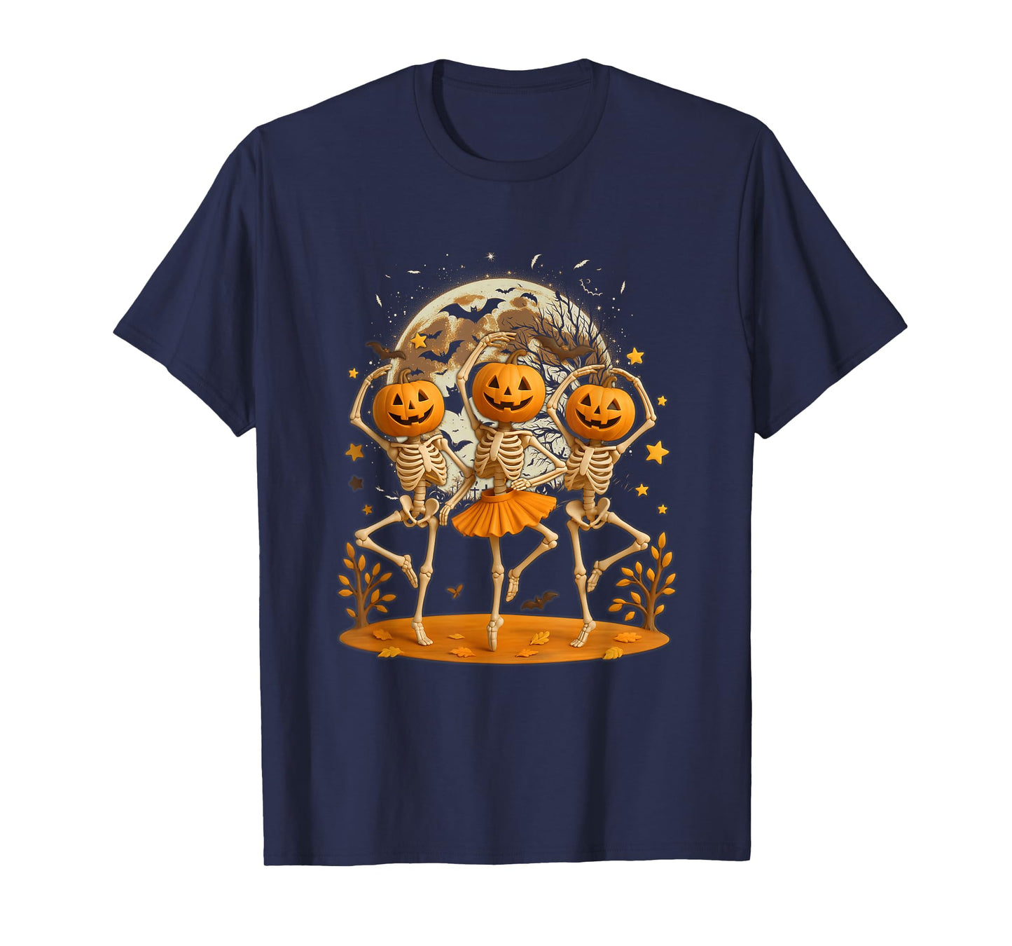 Pumpkin Skeleton Ballerina Dancing Under Full Moon Halloween T-Shirt