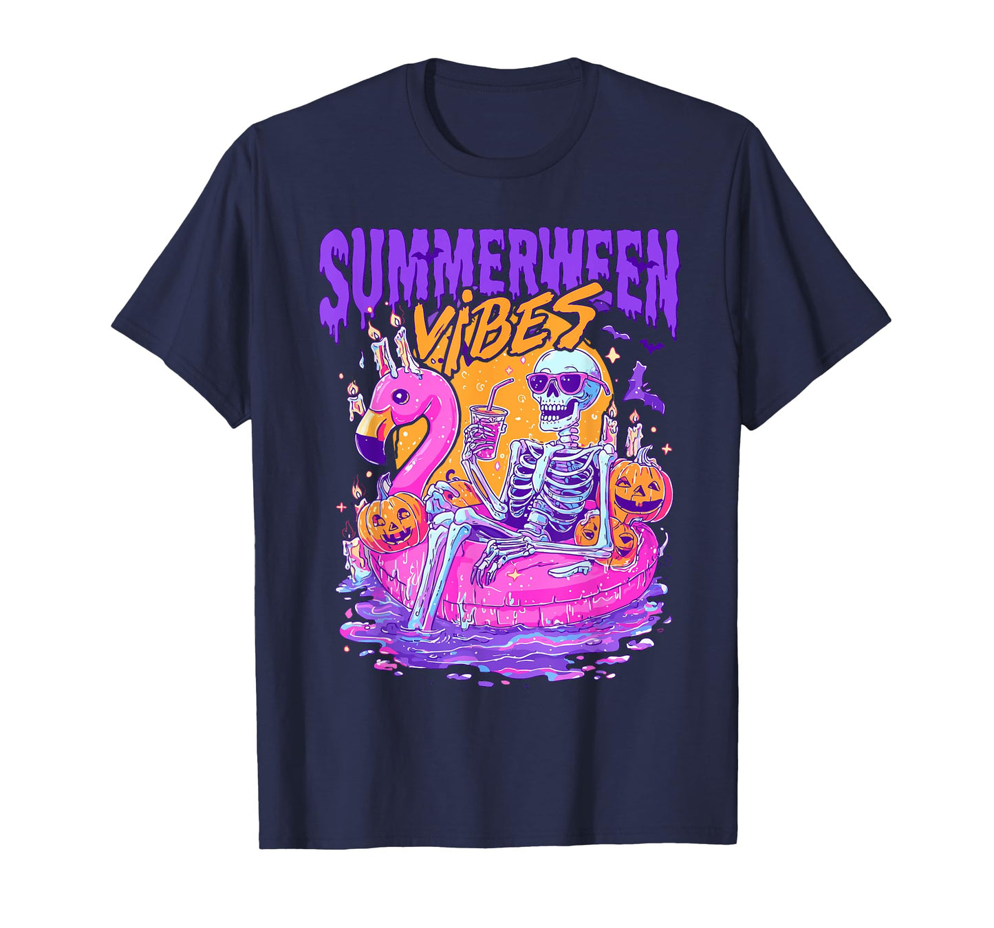 Summerween Vibes Spooky Skeleton Flamingo Pool Halloween T-Shirt