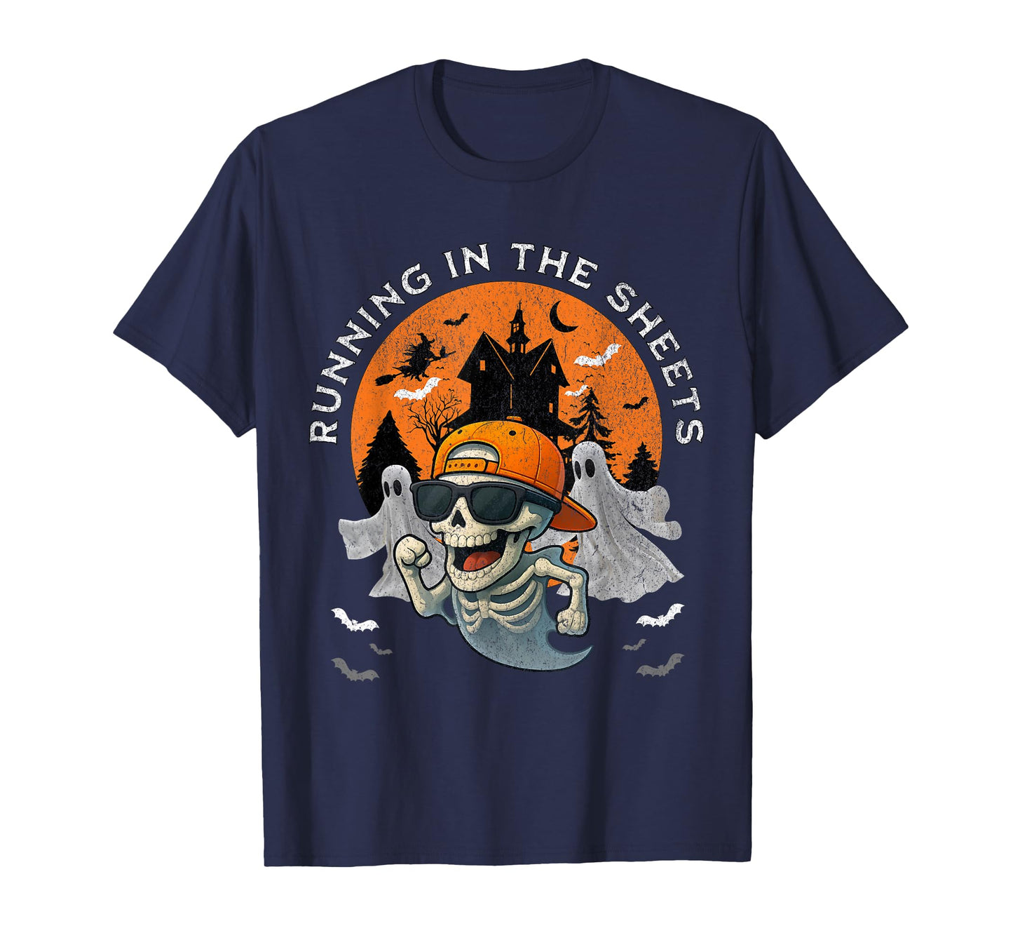 Funny Halloween Running in The Sheets Urban Skeleton Boy T-Shirt