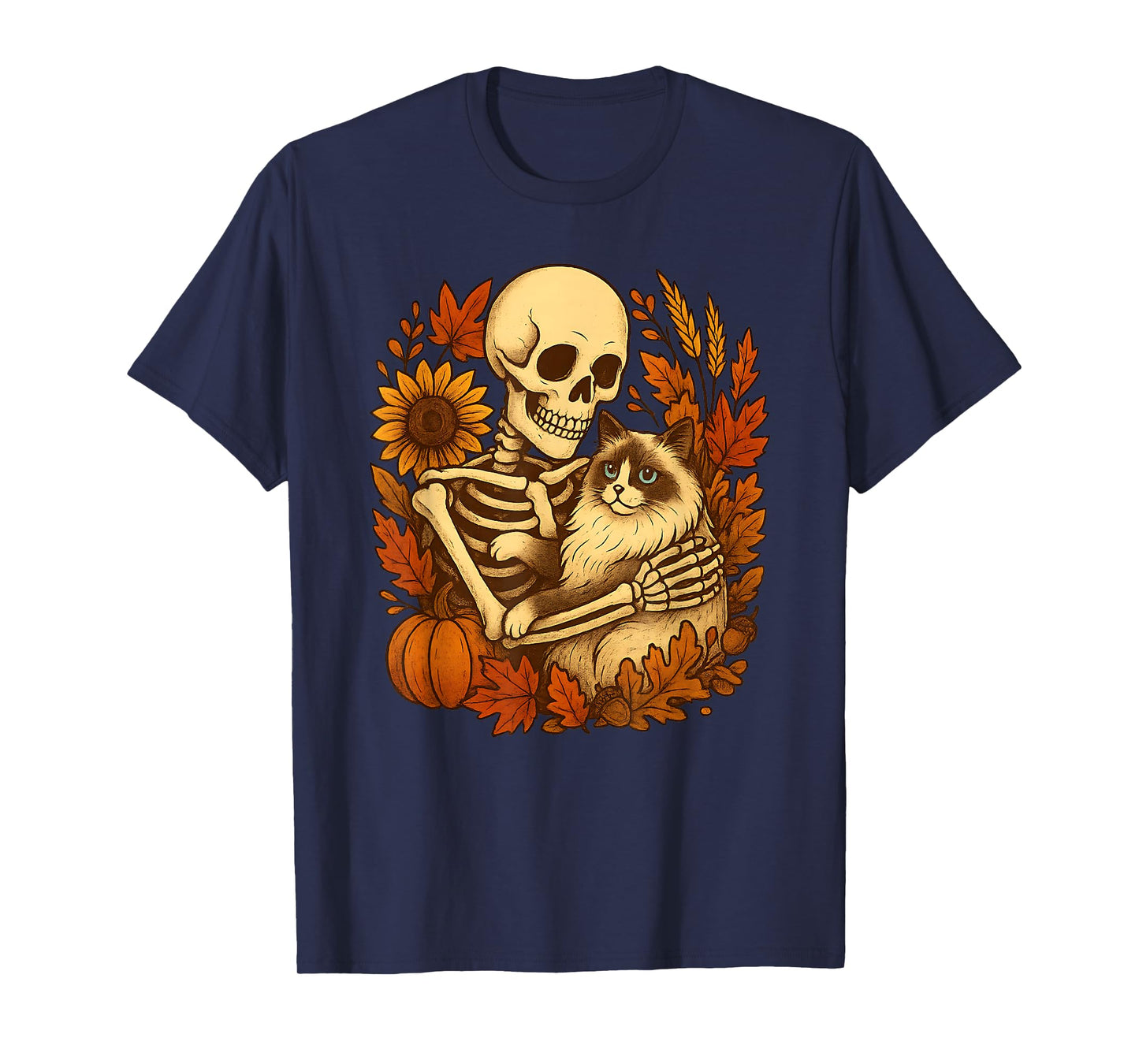 Skeleton Hugging Cat Halloween Cat Mom Dad Ragdoll Cat Lover T-Shirt